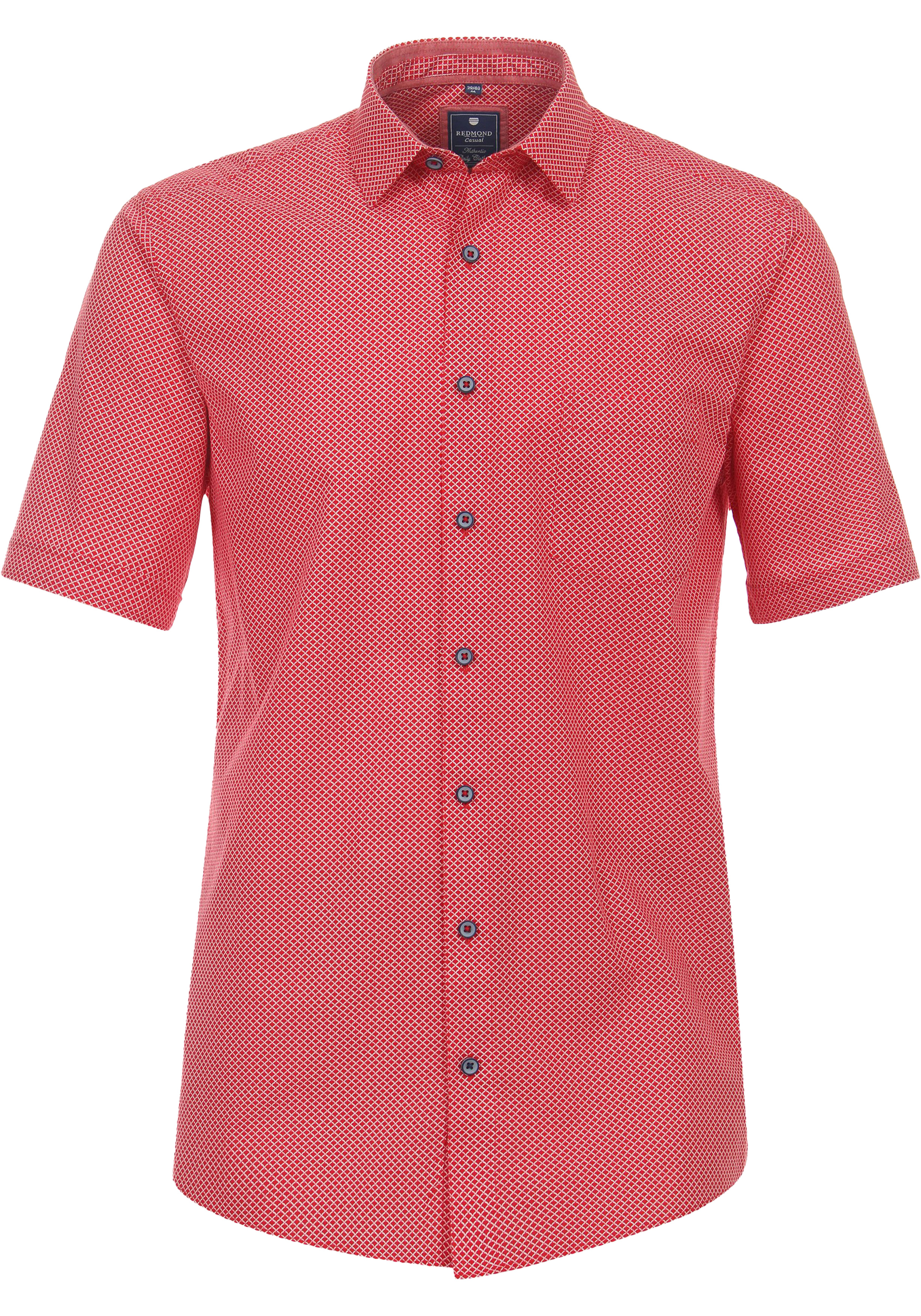 Redmond comfort fit overhemd, korte mouw, popeline, rood met wit dessin