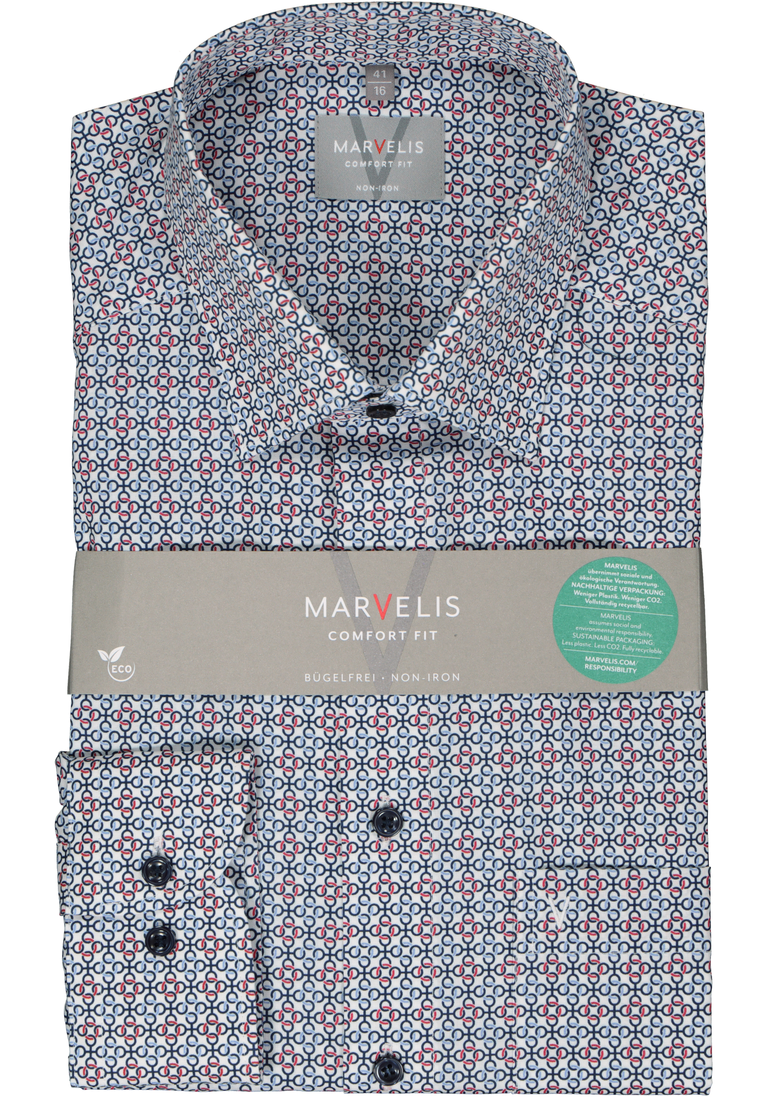 MARVELIS comfort fit overhemd, popeline, wit met rood en blauw dessin