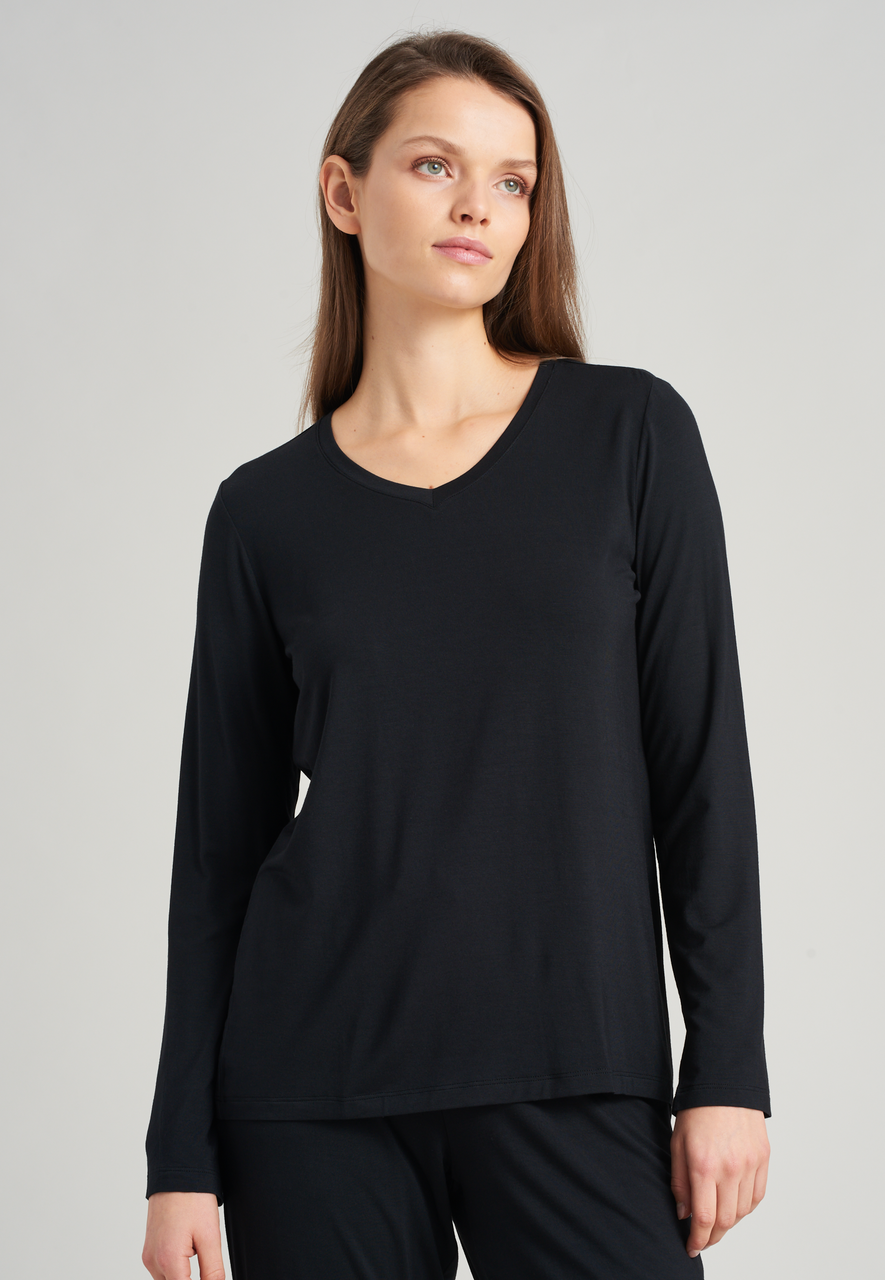 SCHIESSER Mix+Relax T-shirt, dames shirt lange mouwen modal v-hals zwart