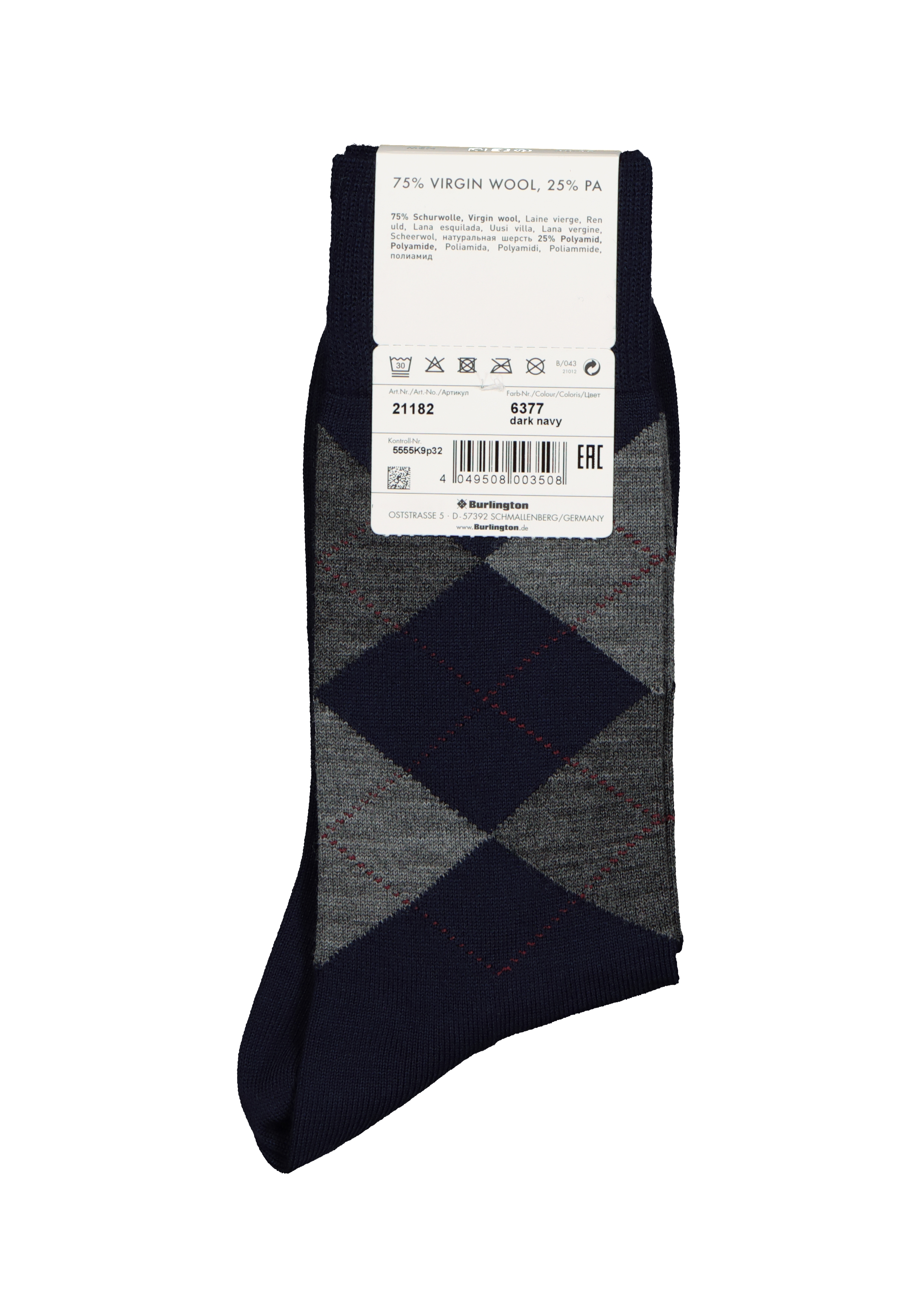 Burlington Edinburgh herensokken, wol, marine blauw met grijs