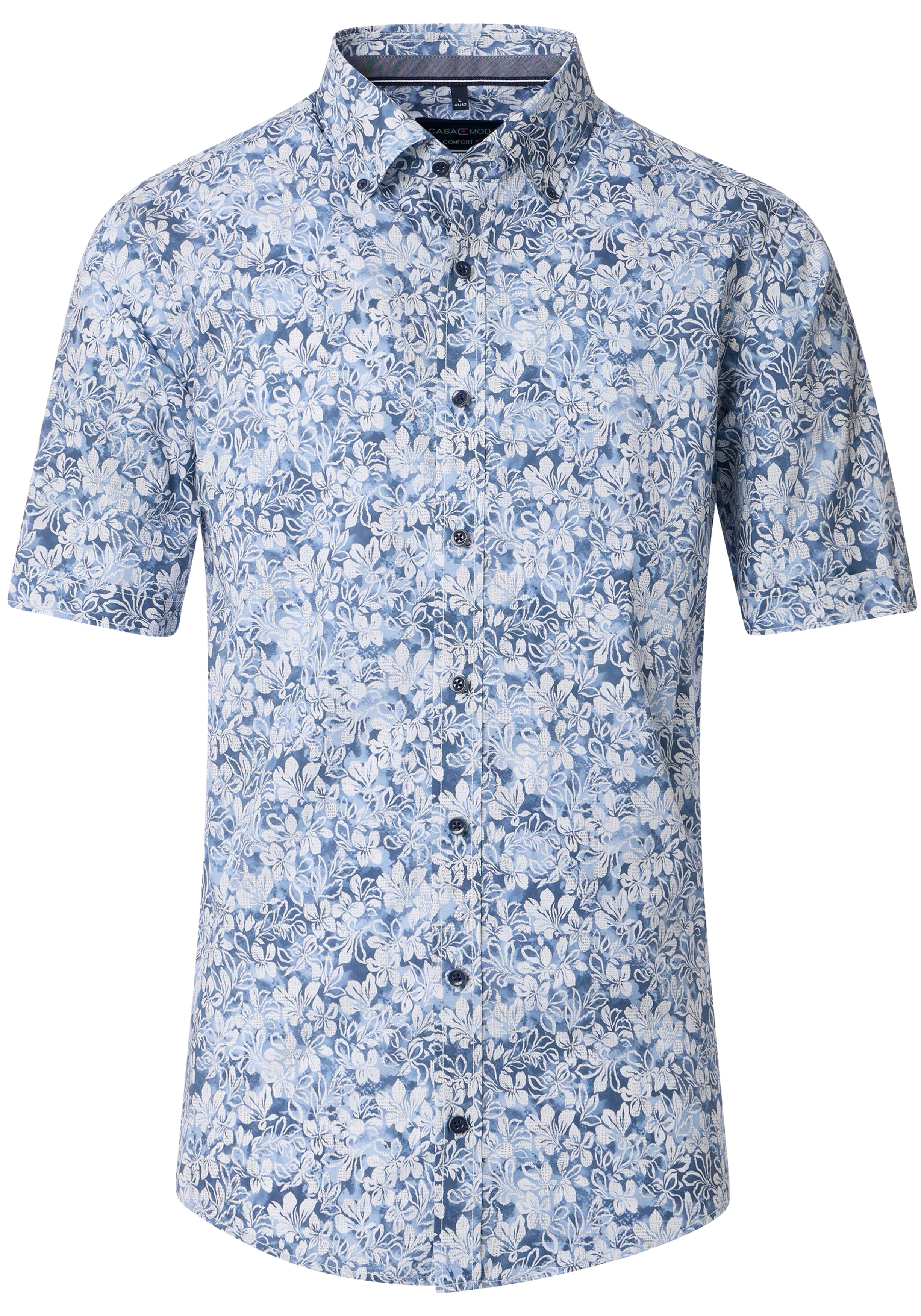 CASA MODA Sport comfort fit overhemd, korte mouw, popeline, blauw met wit bloemen dessin