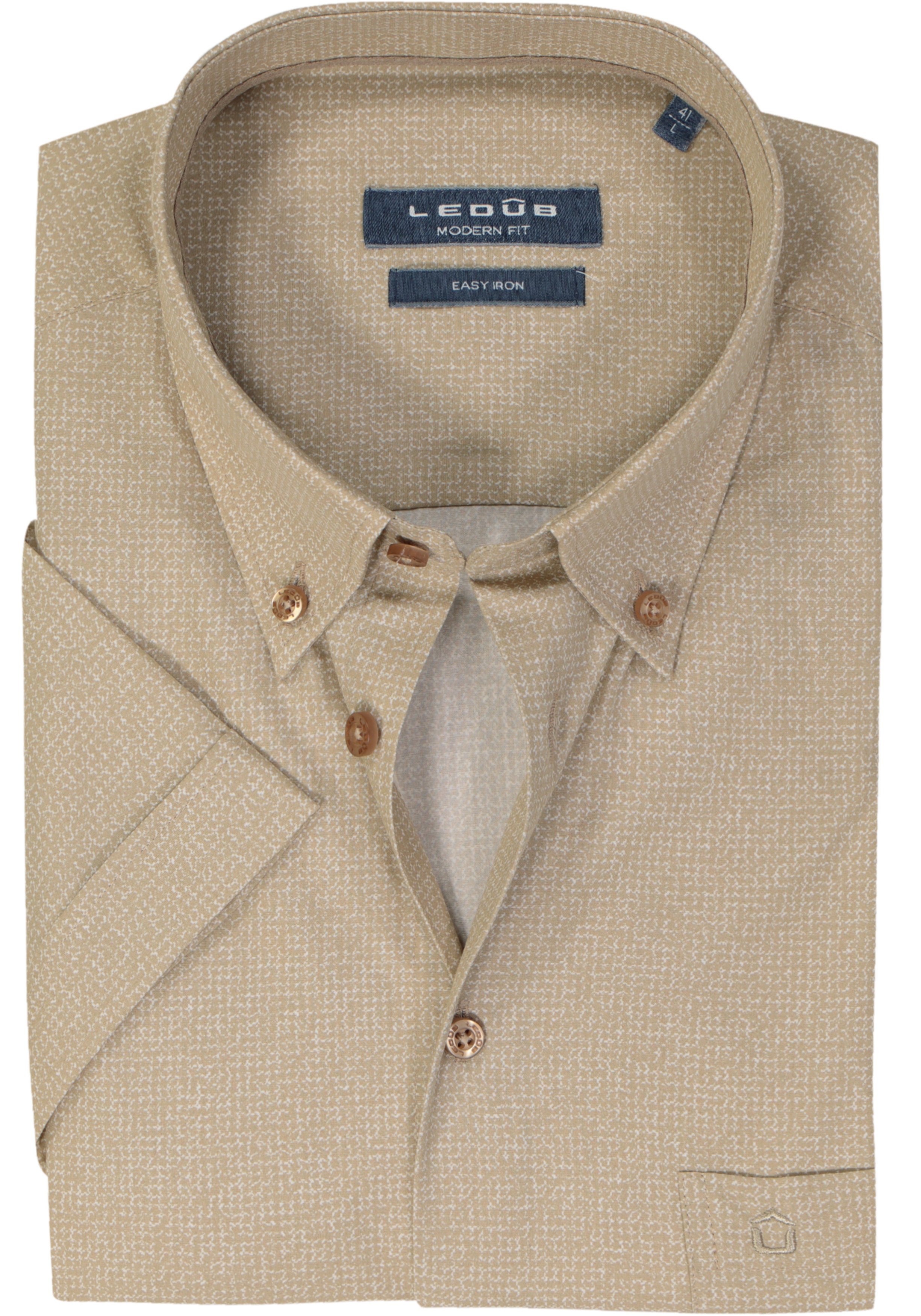 Ledub modern fit overhemd, korte mouw, beige mini dessin