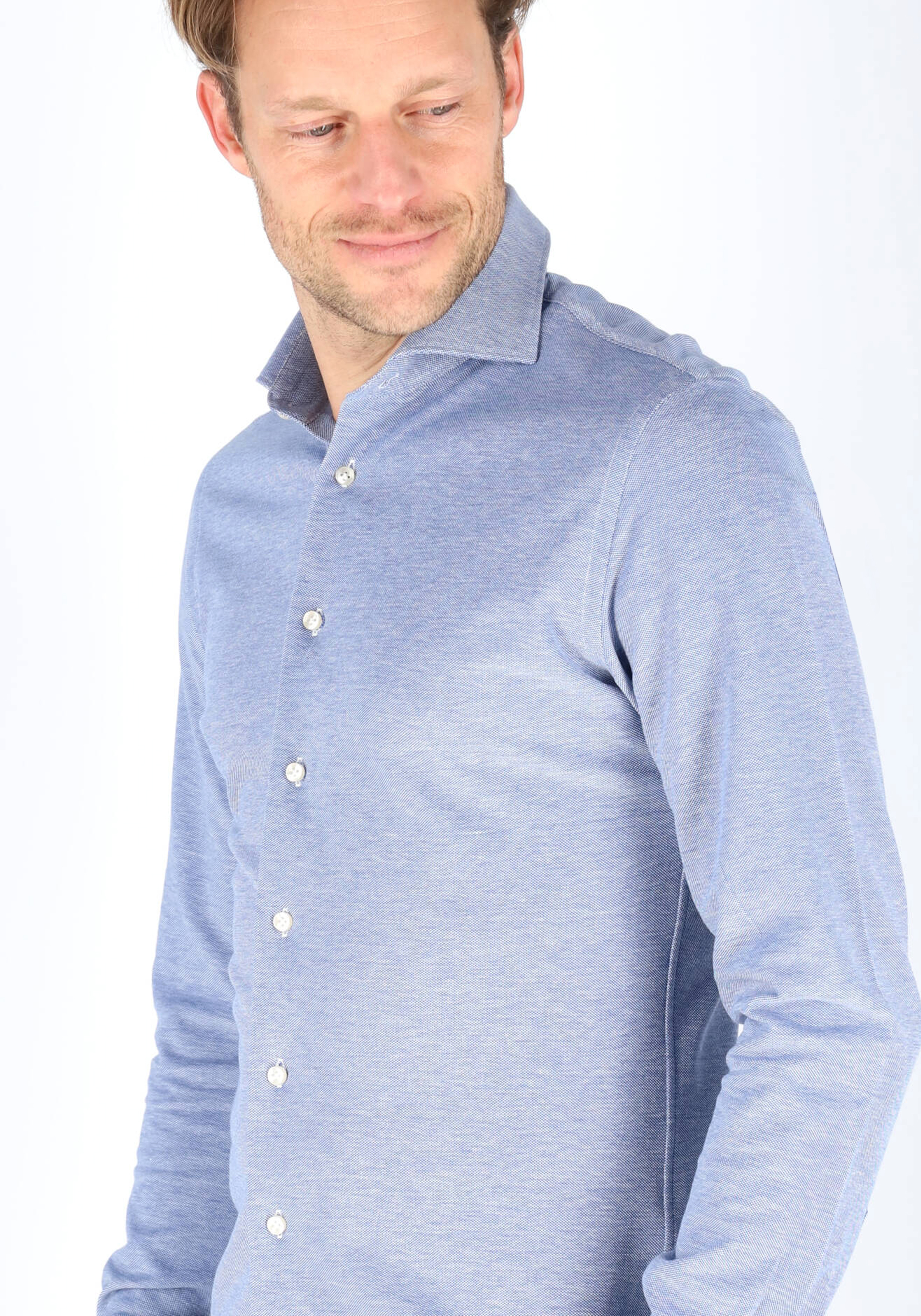 Profuomo slim fit jersey overhemd, knitted shirt pique, blauw melange