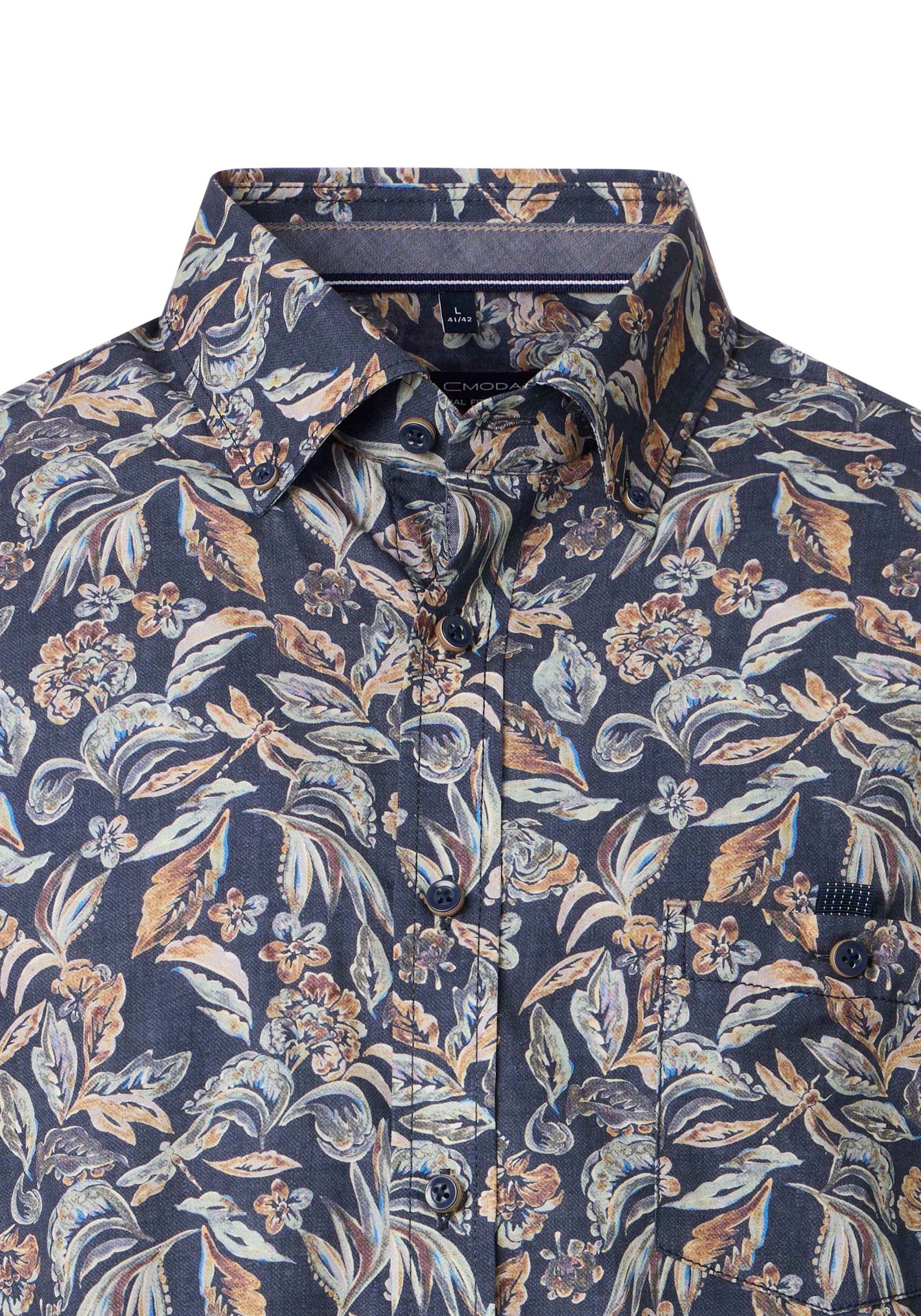 CASA MODA Sport casual fit overhemd, popeline, donkerblauw met beige bloemen dessin