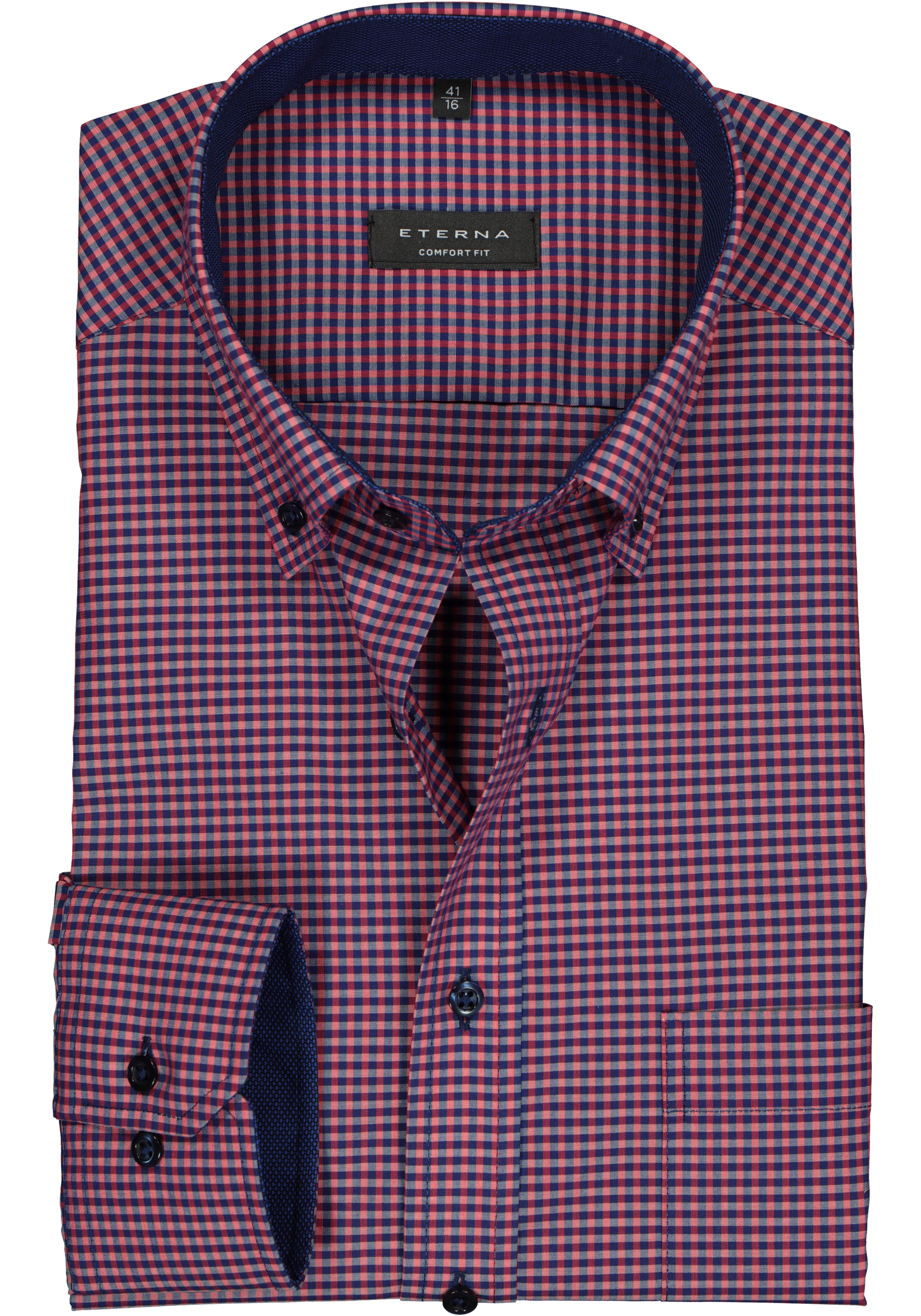 ETERNA comfort fit overhemd, poplin heren overhemd, rood met blauw geruit (contrast)