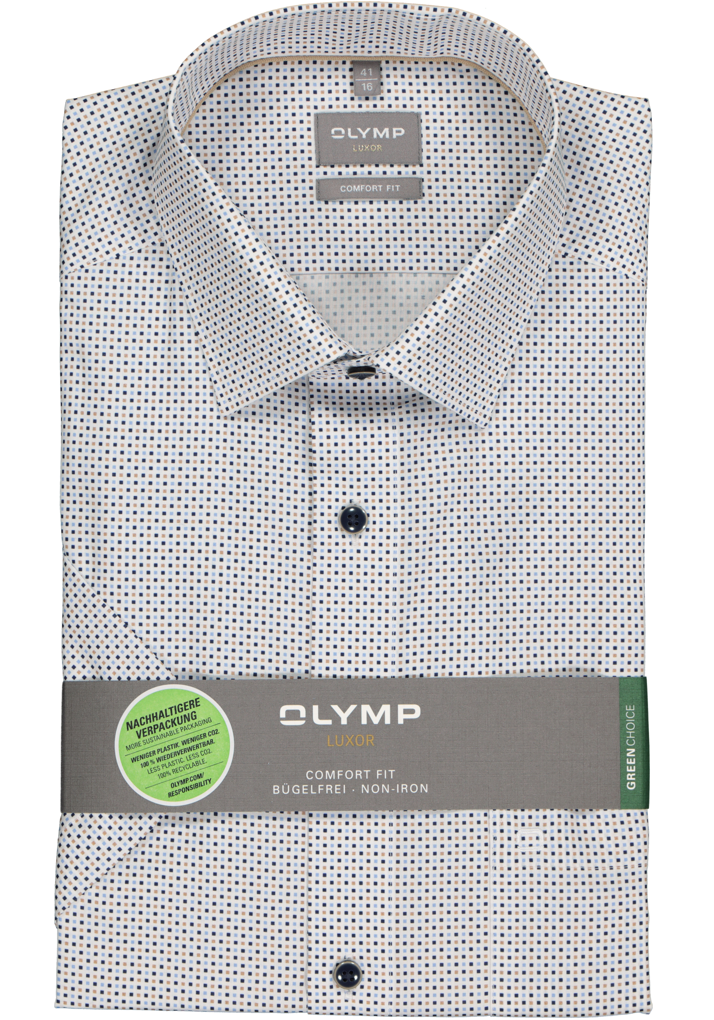 OLYMP comfort fit overhemd, korte mouw, popeline, wit met blauw en beige blokjes dessin
