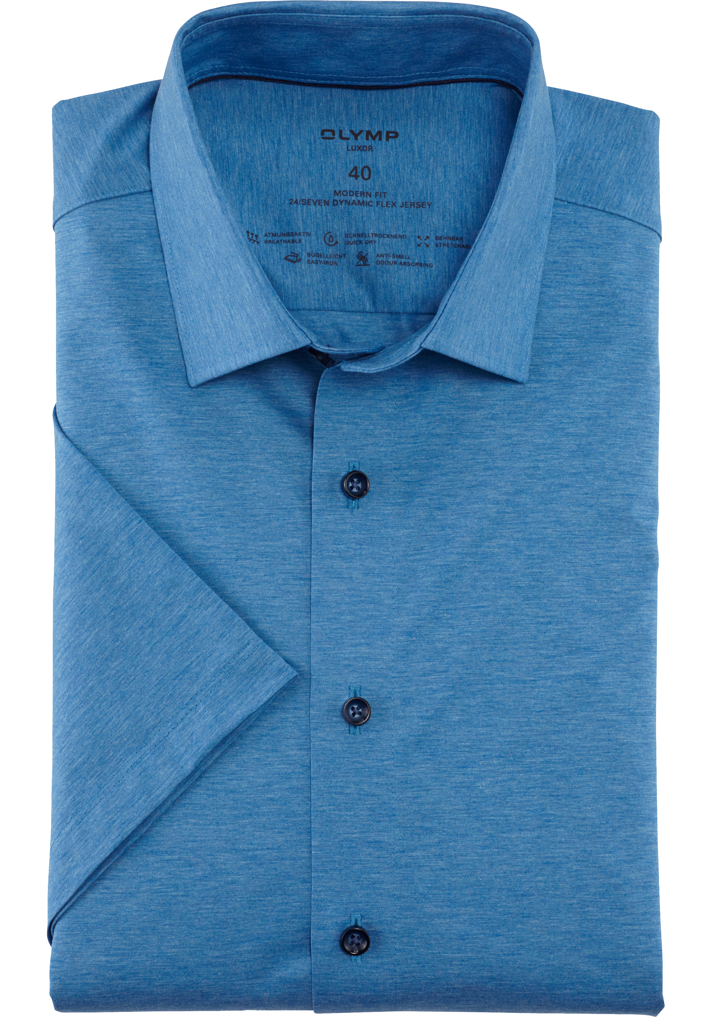 OLYMP Luxor 24/7 modern fit overhemd, korte mouw, Dynamic Flex, blauw