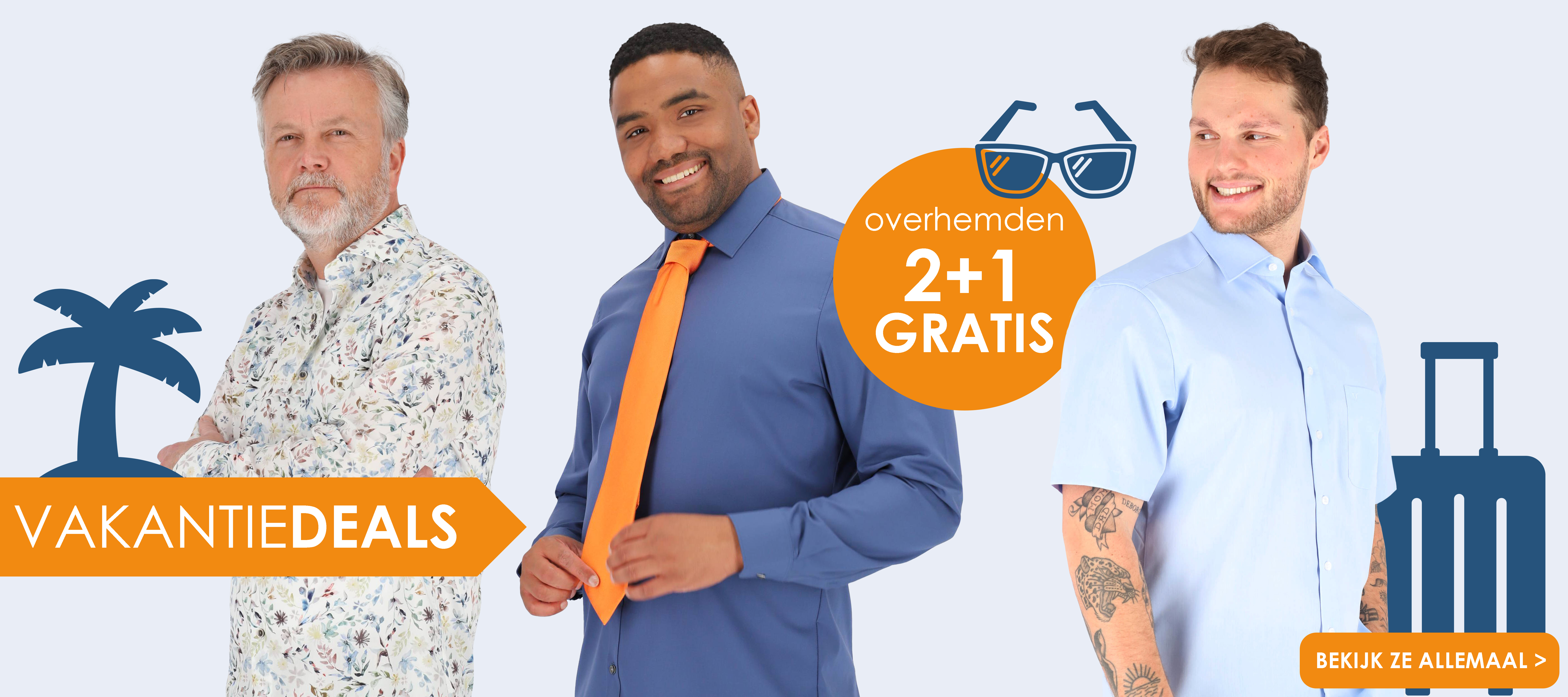 Vakantiedeals bij HemdVoorHem.nl, overhemden 2+1 gratis, bekijk ze allemaal!