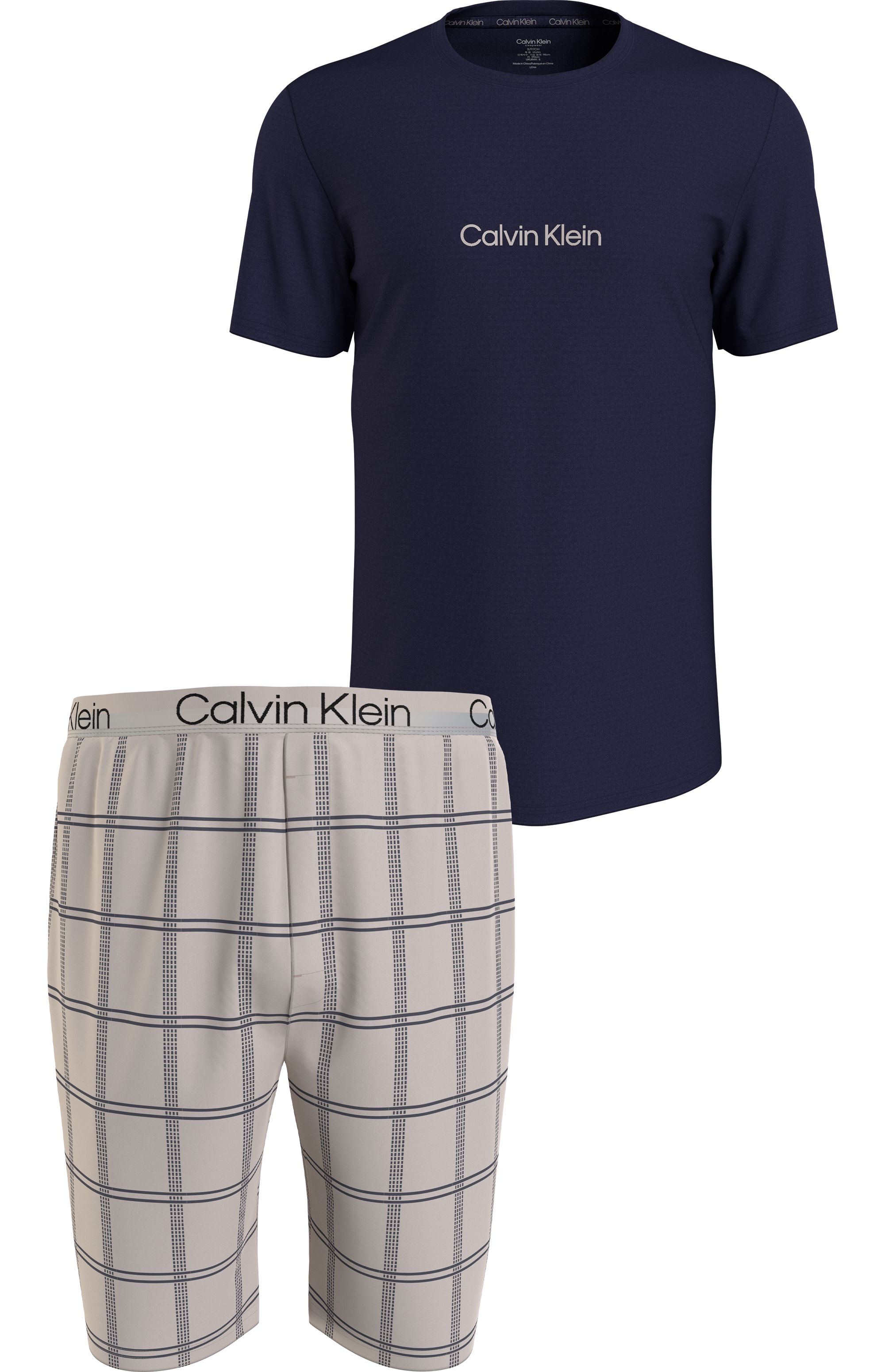 Calvin Klein heren shortama O-hals, blauw shirt, geruite broek