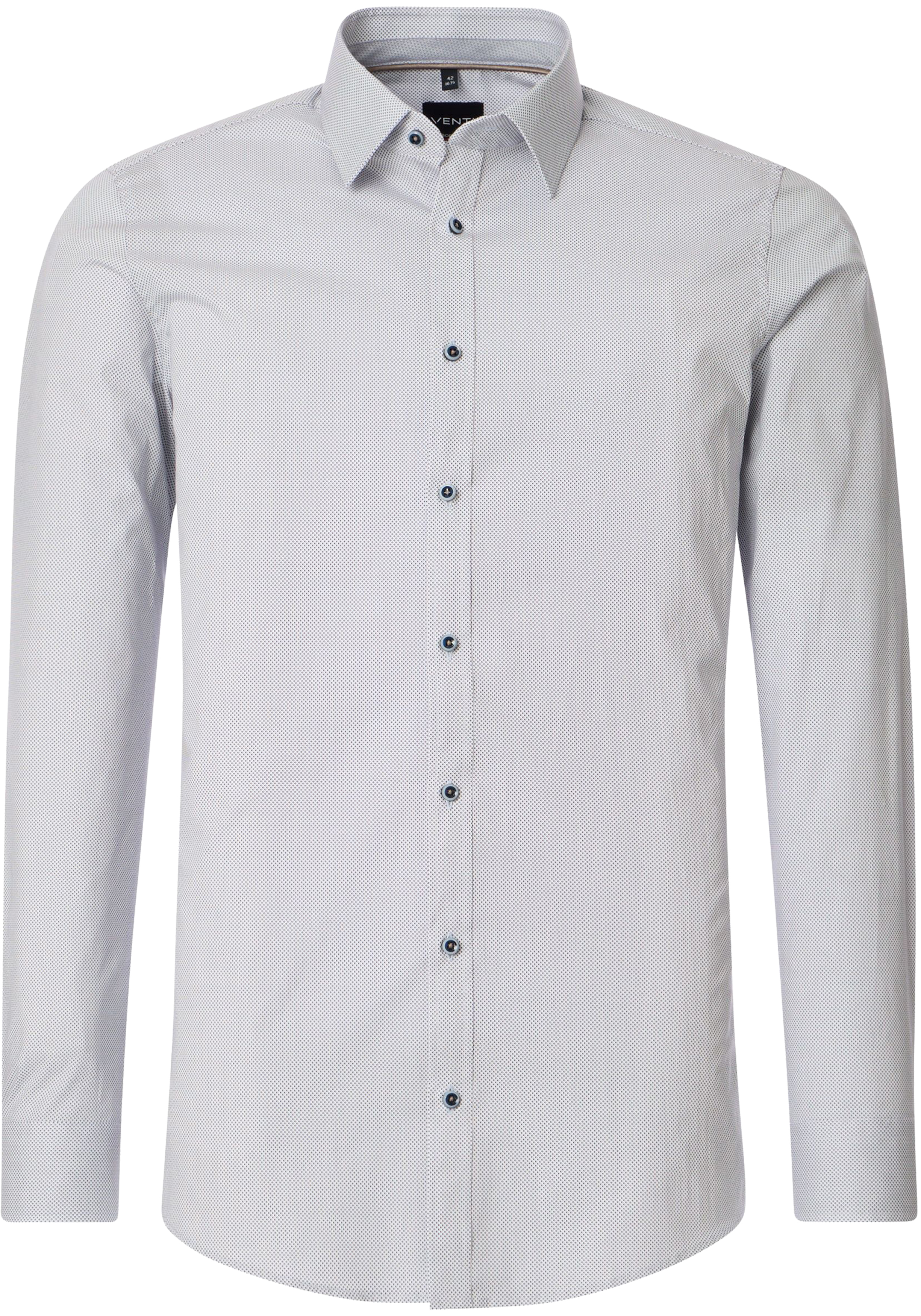 VENTI body fit overhemd, popeline, wit met blauw en beige mini dessin