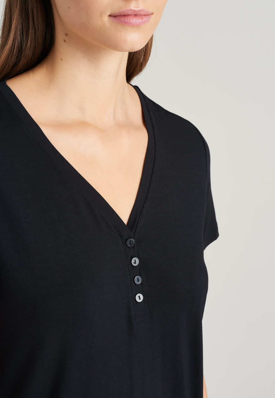 SCHIESSER Mix+Relax T-shirt, dames shirt korte mouw henley knoopsluiting zwart