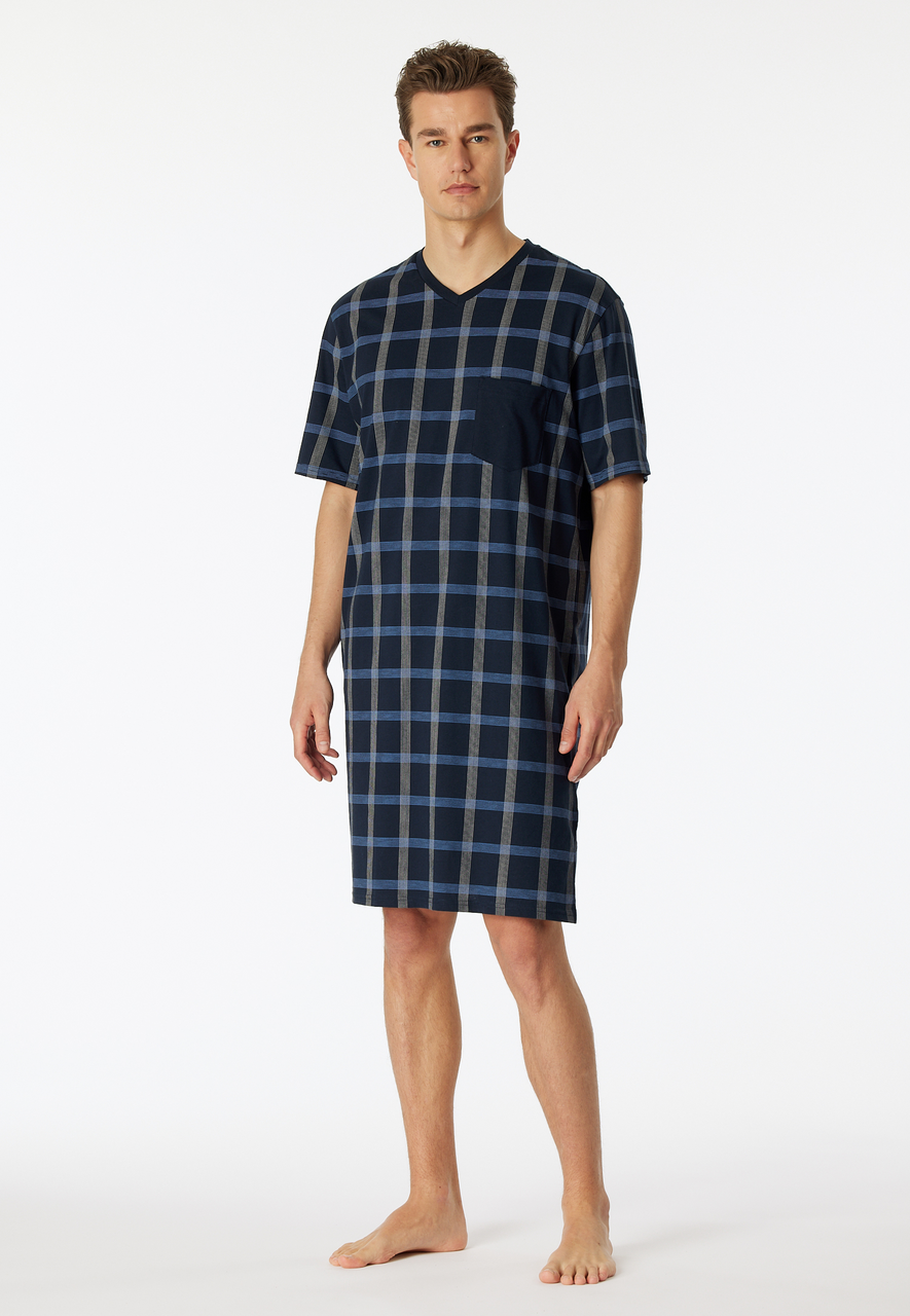 SCHIESSER Comfort Nightwear nachthemd, heren nachthemd korte mouw organic cotton V-hals borstzak nachtblauw geruit