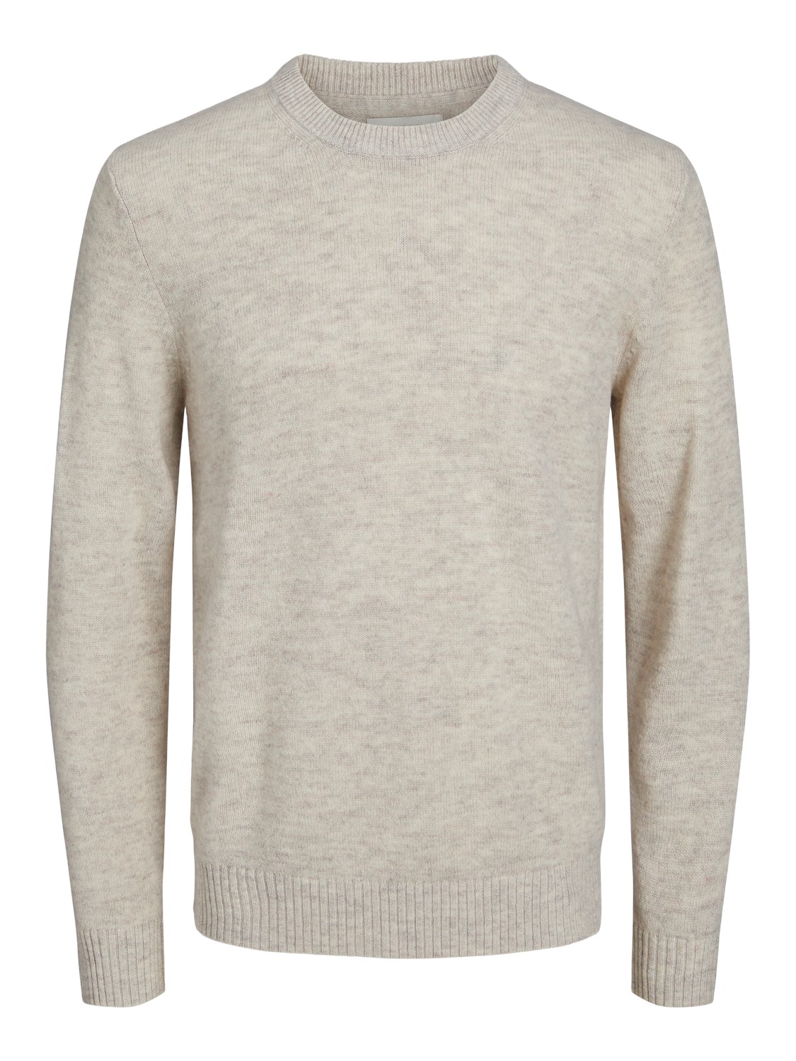JACK & JONES Lambswool knit crew neck slim fit, heren pullover wol met O-hals, zandkleur melange