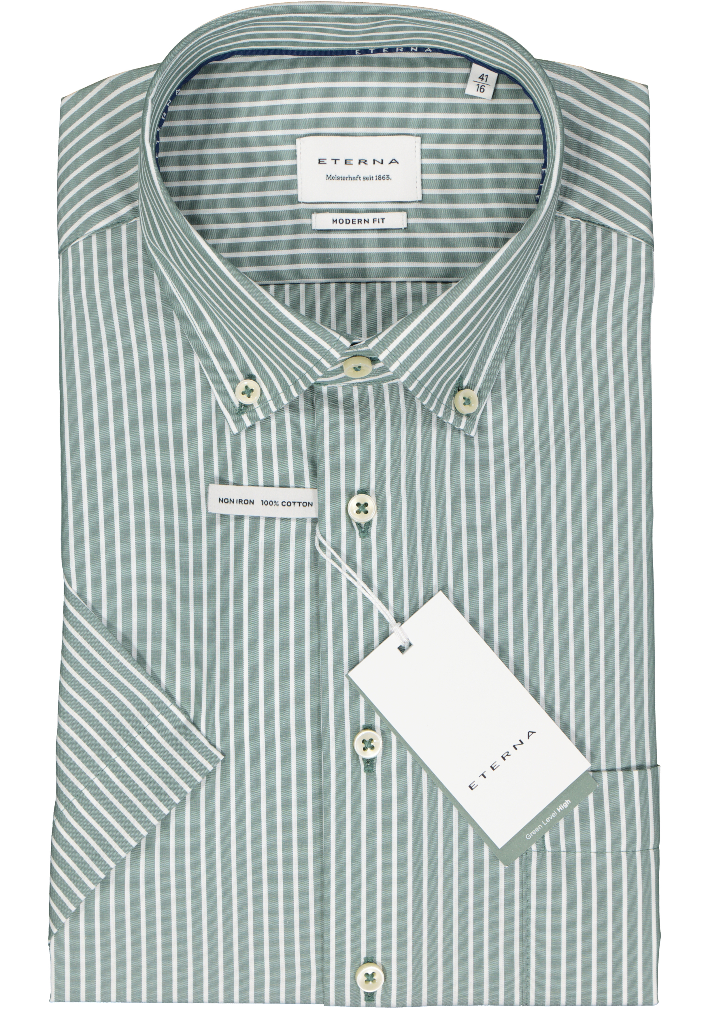 ETERNA modern fit overhemd korte mouw, popeline, groen gestreept