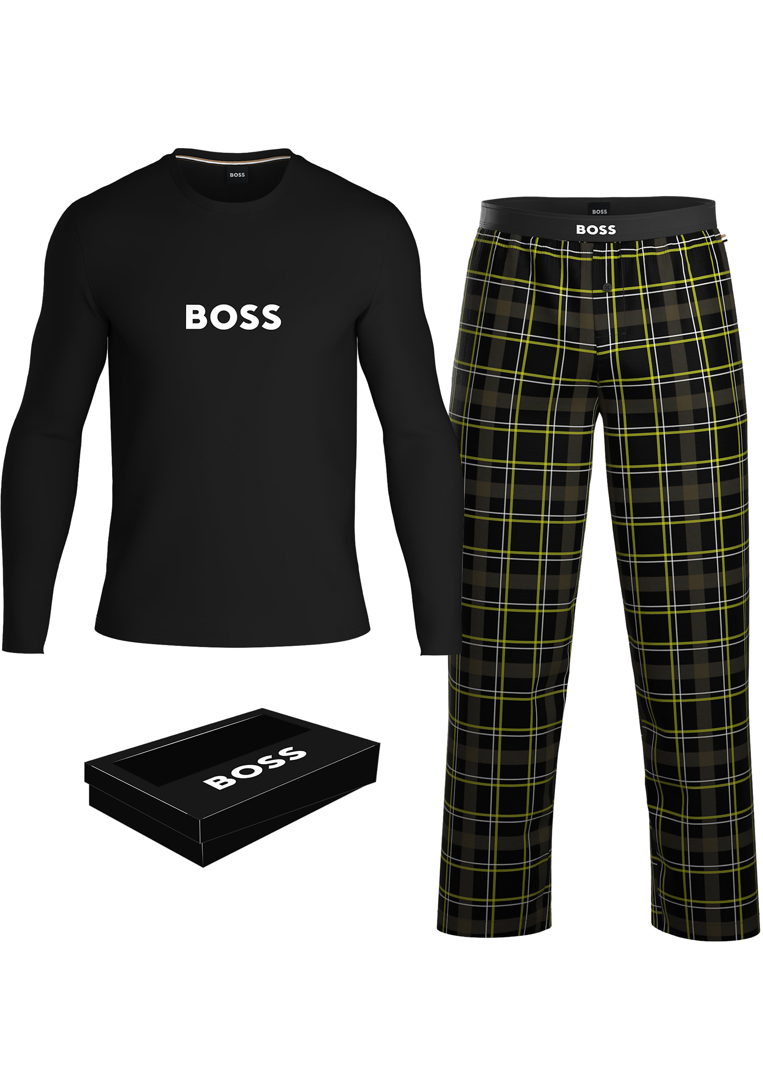 BOSS Easy Long Set, heren lounge set, zwart met geel geruite broek