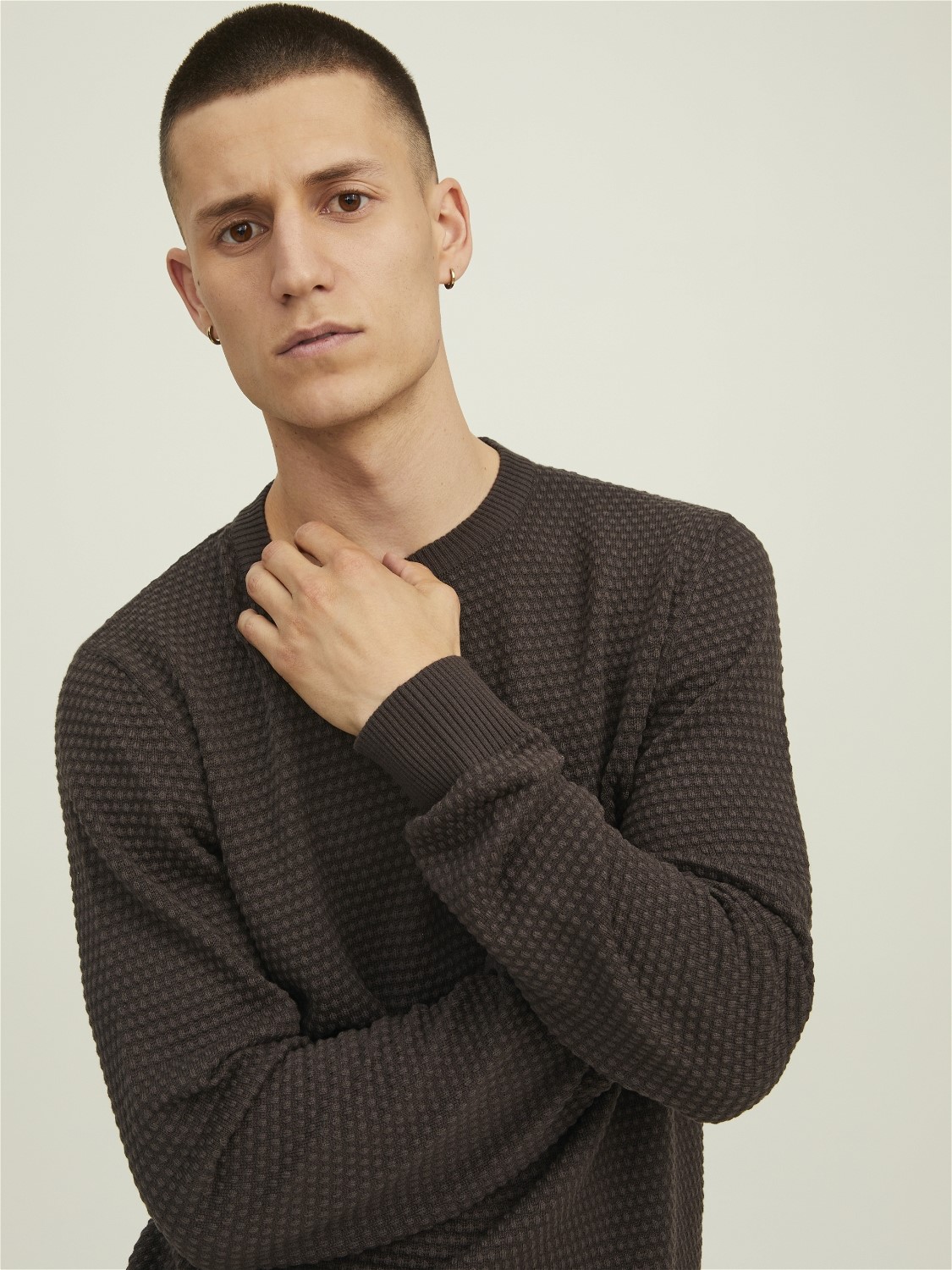 JACK & JONES Atlas knit crew neck slim fit, heren pullover katoen met O-hals, donkerbruin