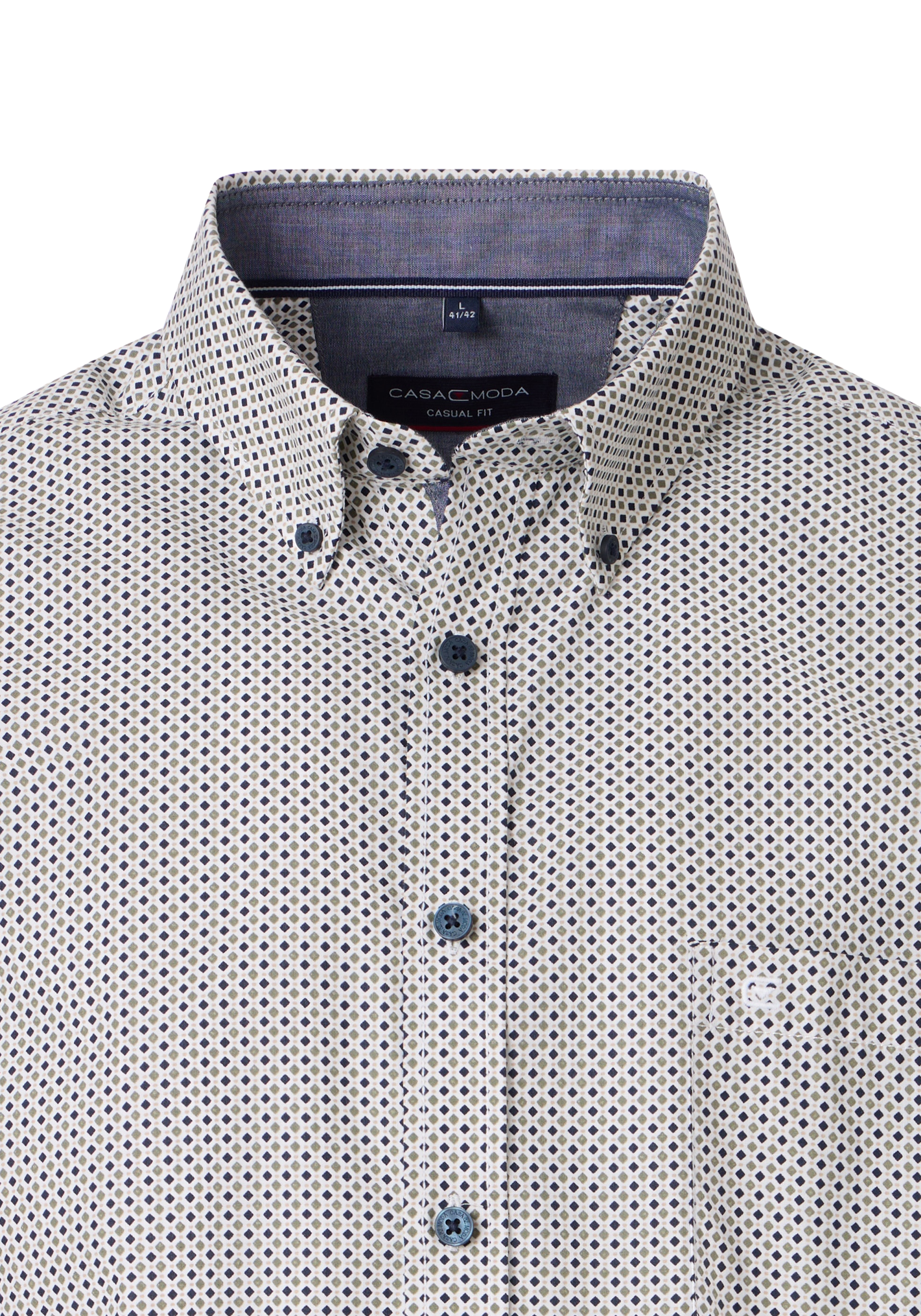 CASA MODA Sport casual fit overhemd, korte mouw, twill, wit met groen en blauw dessin
