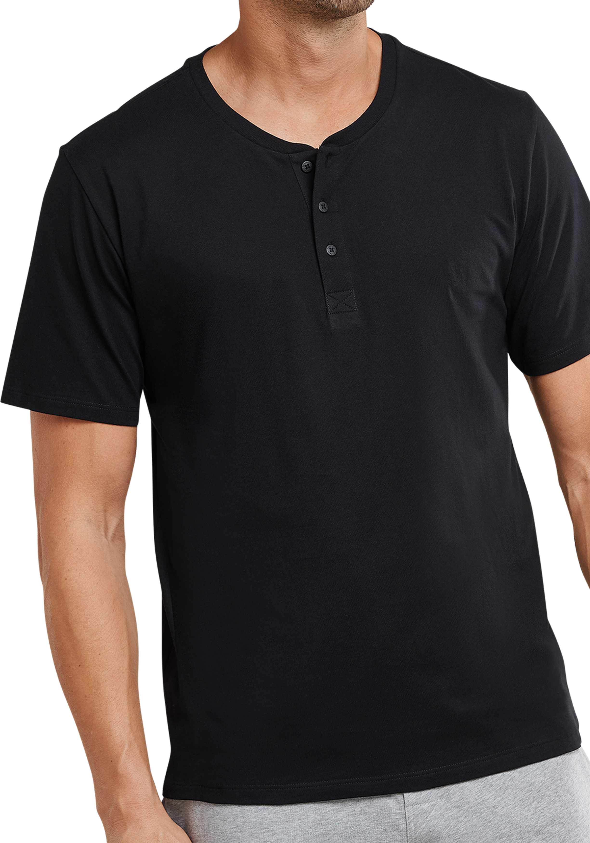 SCHIESSER Mix+Relax T-shirt, korte mouw O-hals met knoopjes, zwart