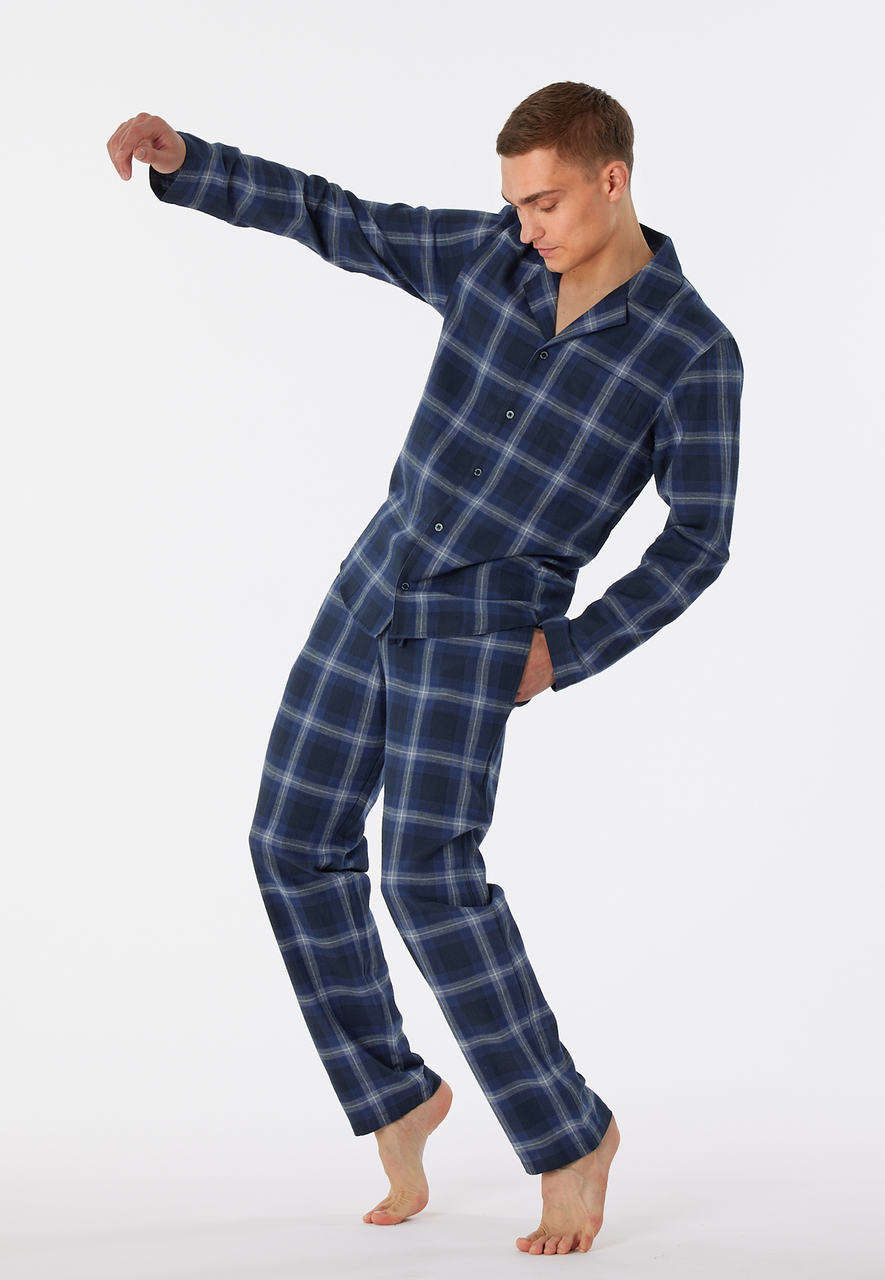 SCHIESSER Warming Nightwear pyjamaset, heren lange pyjama geweven stof biologisch katoen knoopsluiting geruit nachtblauw