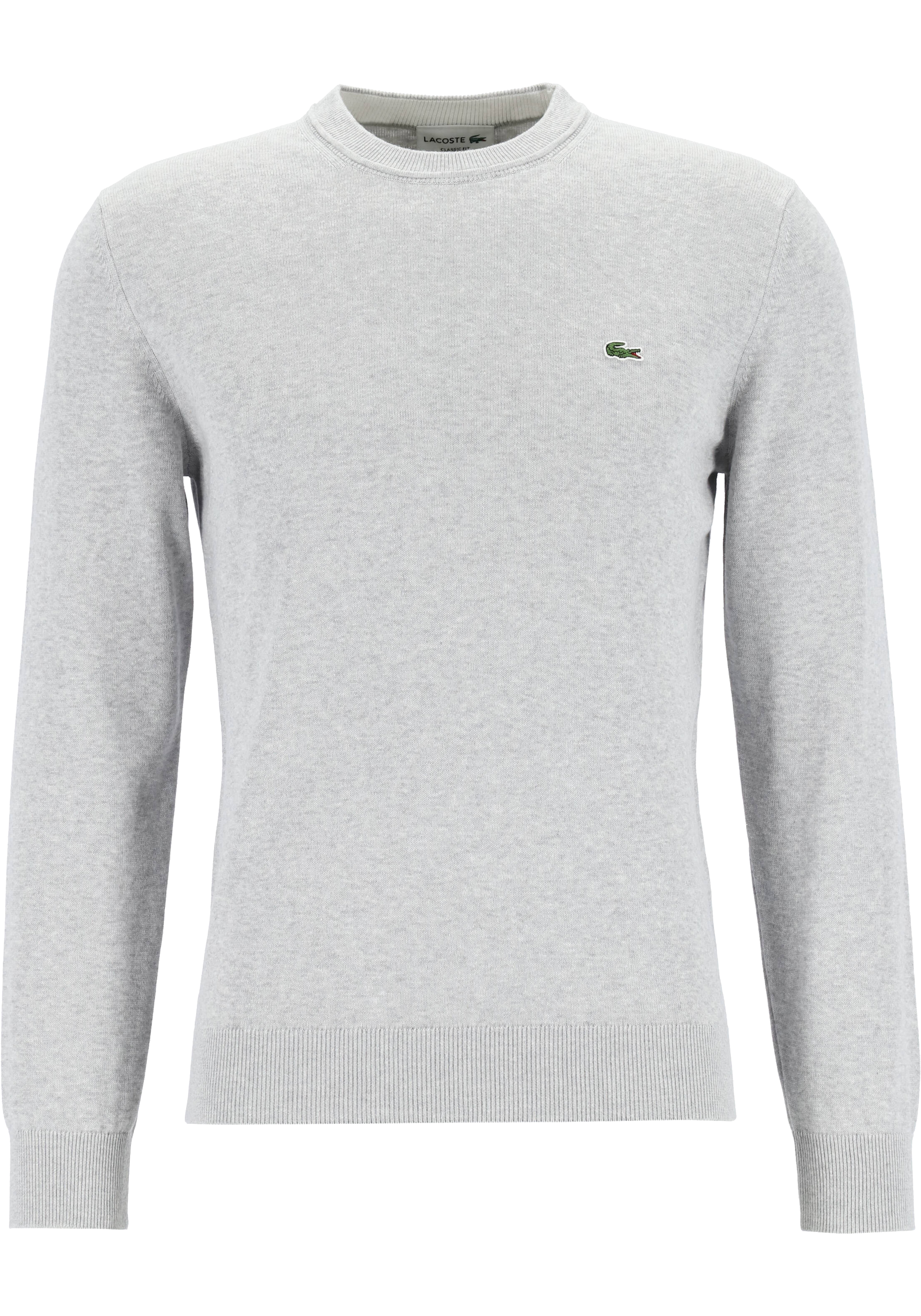 Lacoste trui katoen O-hals, gebreide heren trui, lichtgrijs melange