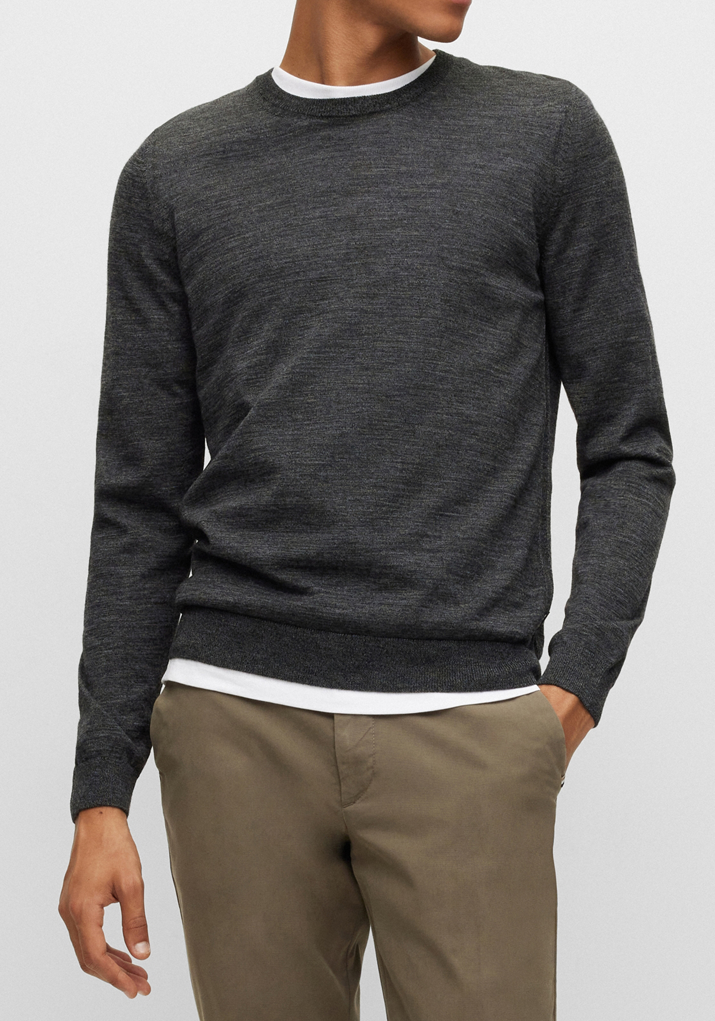 BOSS Leno slim fit trui wol, heren pullover met O-hals, zwart