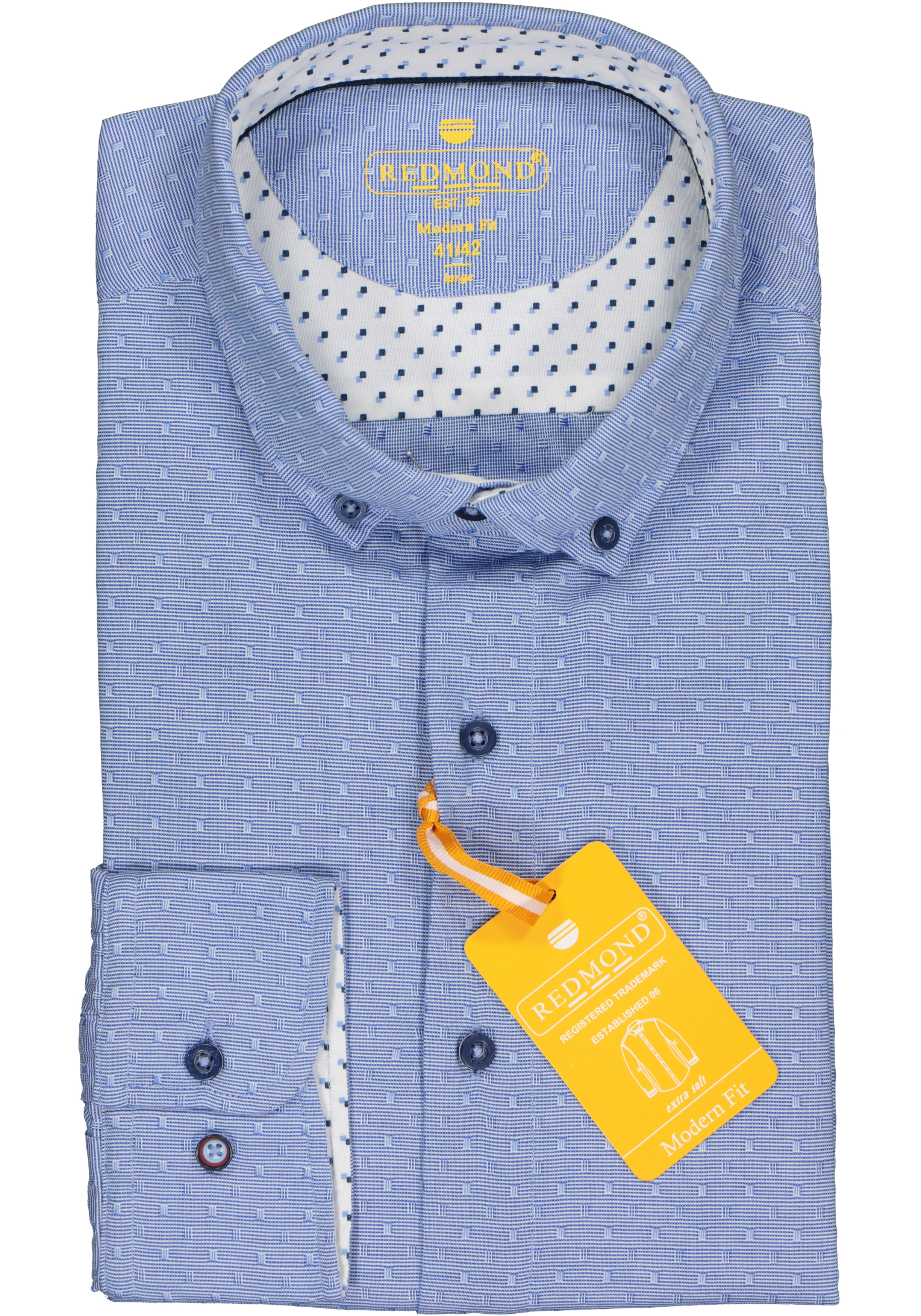 Redmond modern fit overhemd, dobby structuur, blauw met wit mini dessin (contrast)