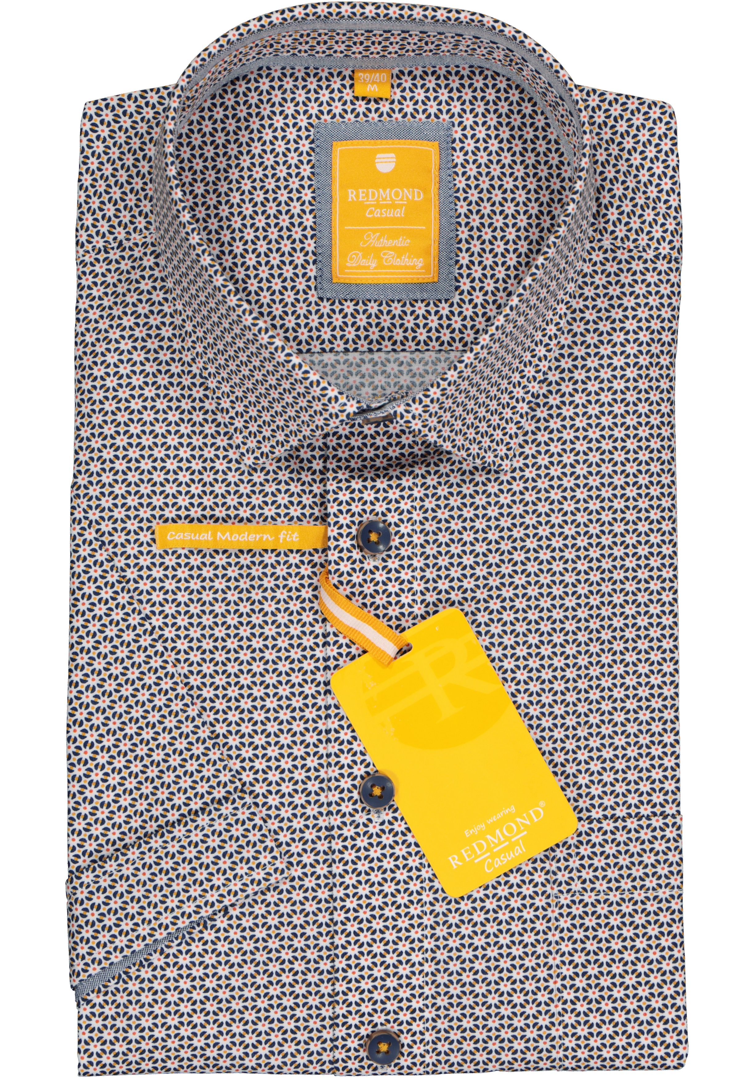 Redmond modern fit overhemd, korte mouw, poplin dessin, groen en rood met wit