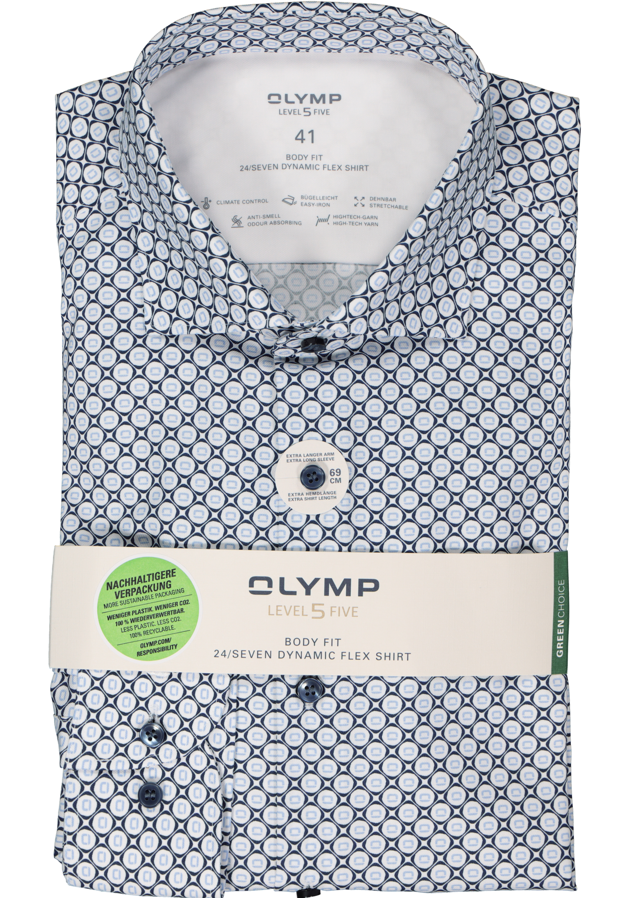 OLYMP 24/7 Level 5 body fit overhemd, mouwlengte 7, twill, blauw met wit dessin