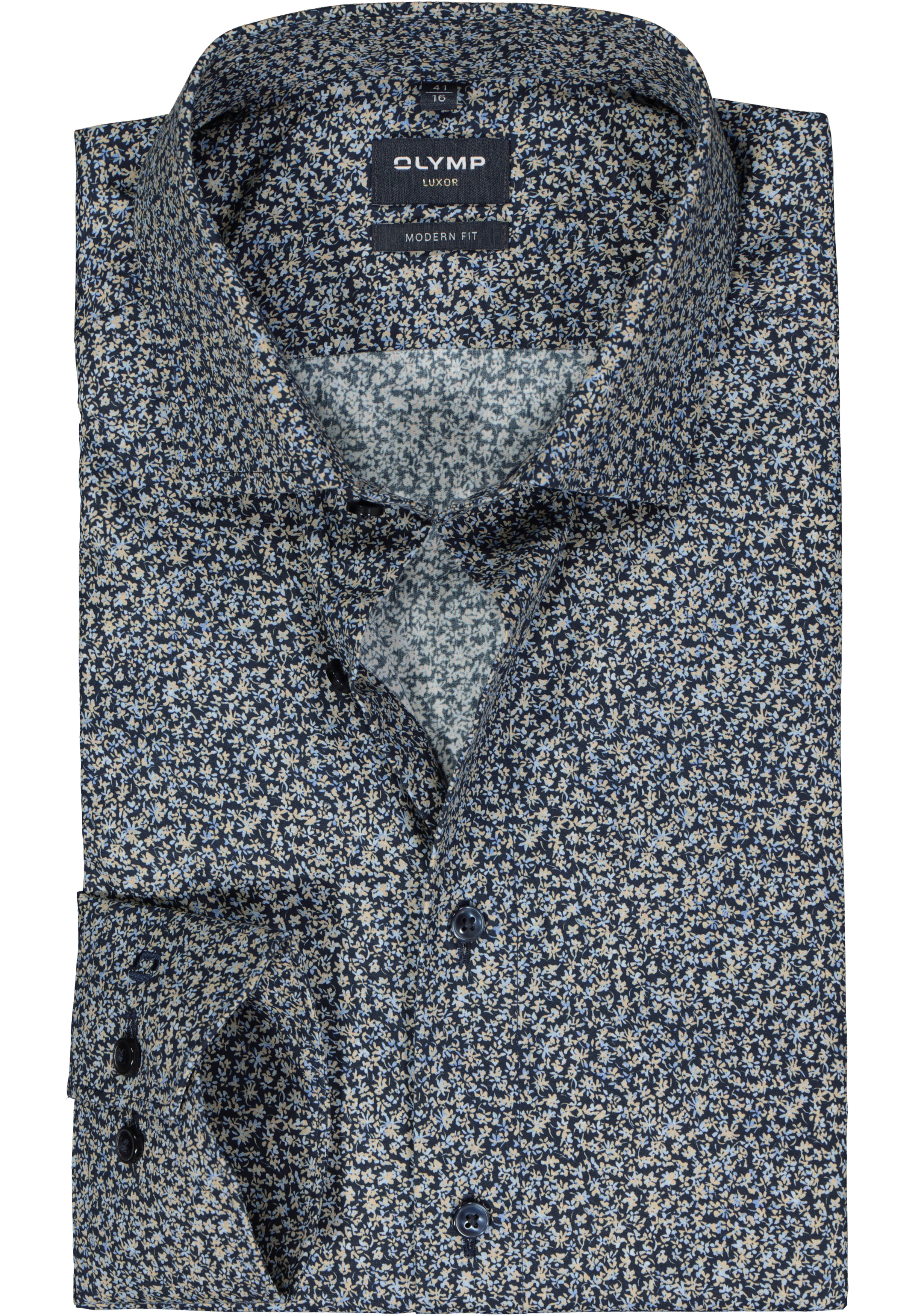 OLYMP modern fit overhemd, mouwlengte 7, popeline, donkerblauwmet beige bloemetjes dessin