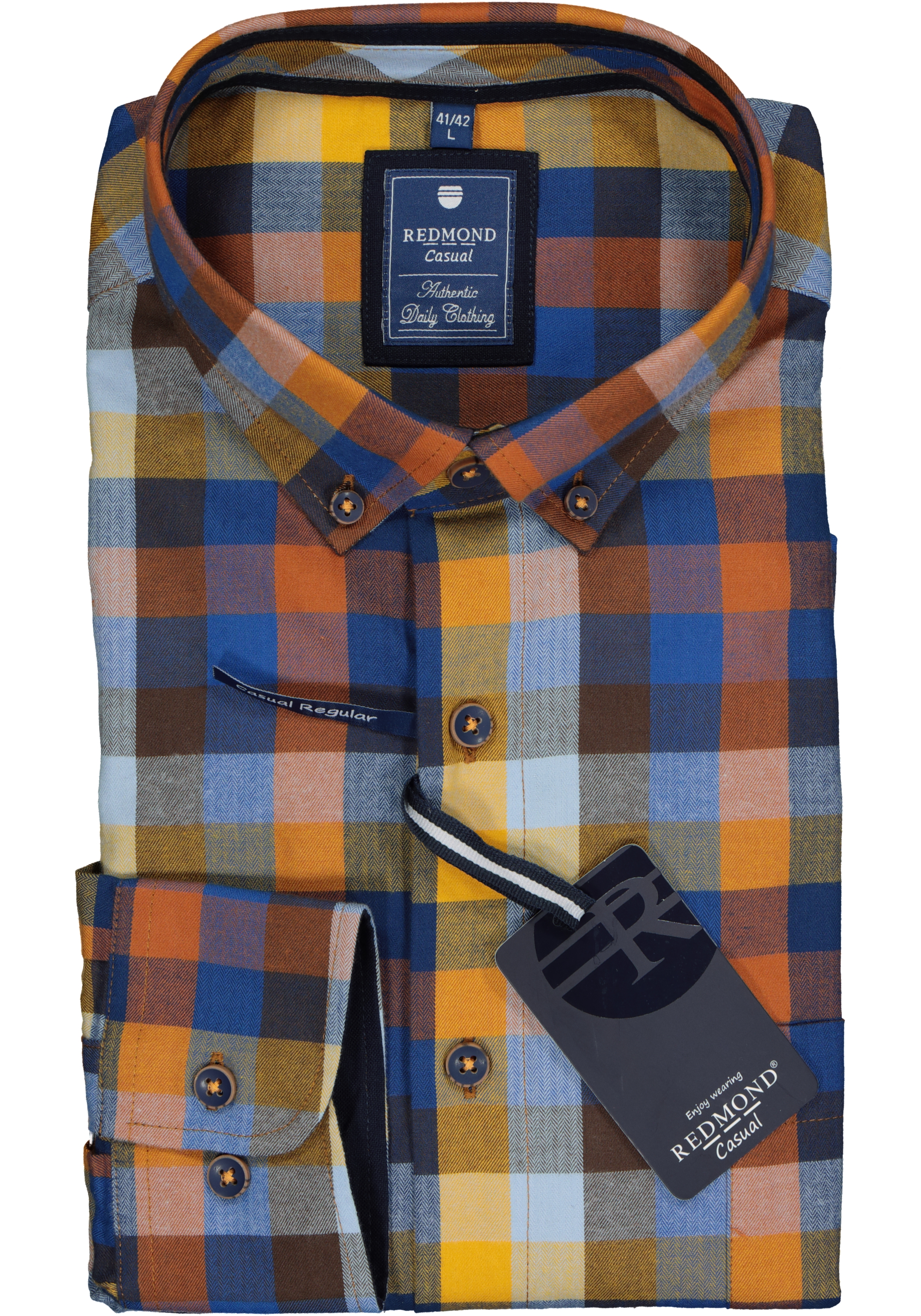 Redmond regular fit overhemd, visgraad, blauw met bruin en geel geruit (contrast)