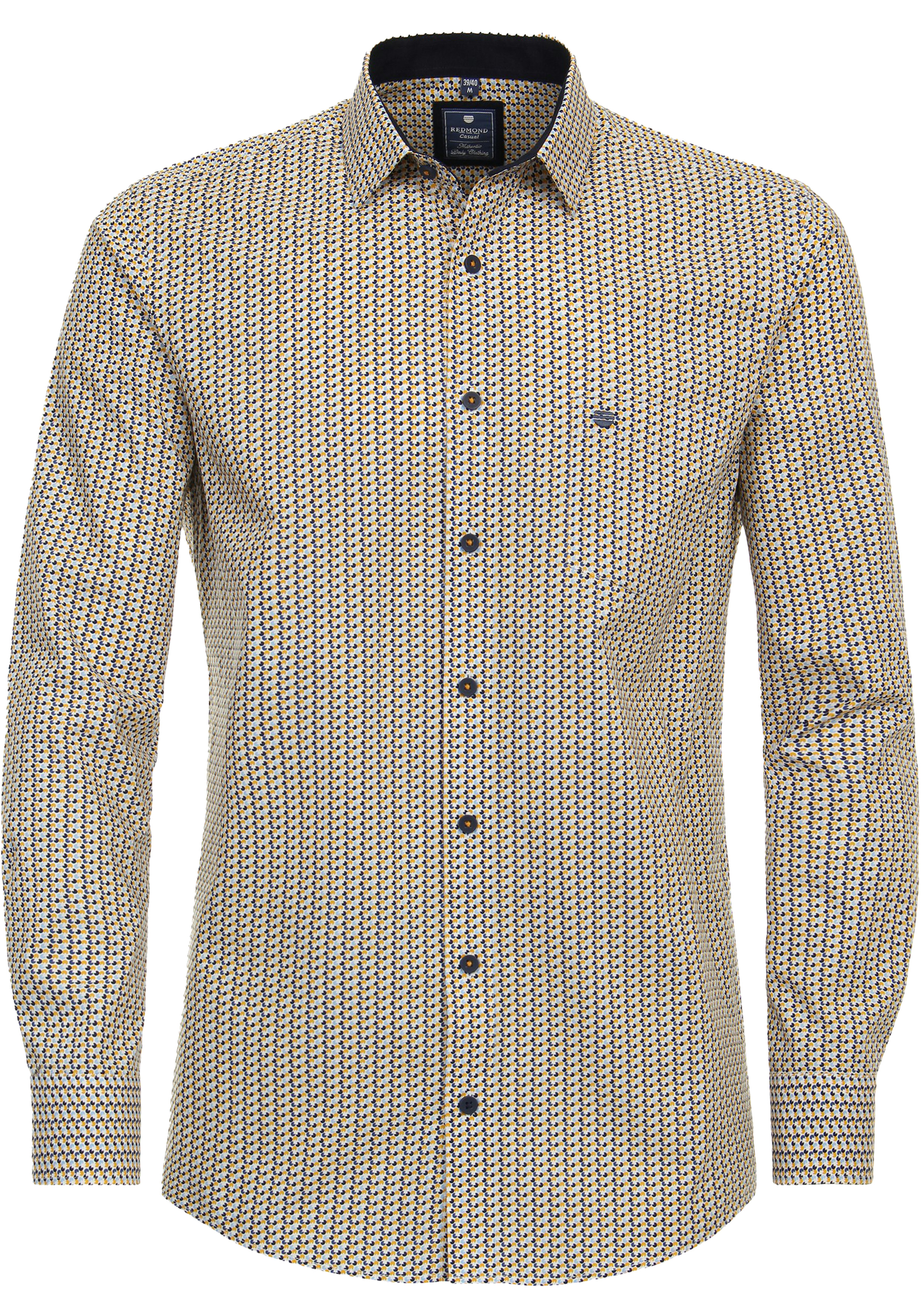 Redmond comfort fit overhemd, popeline, wit met geel en blauw dessin