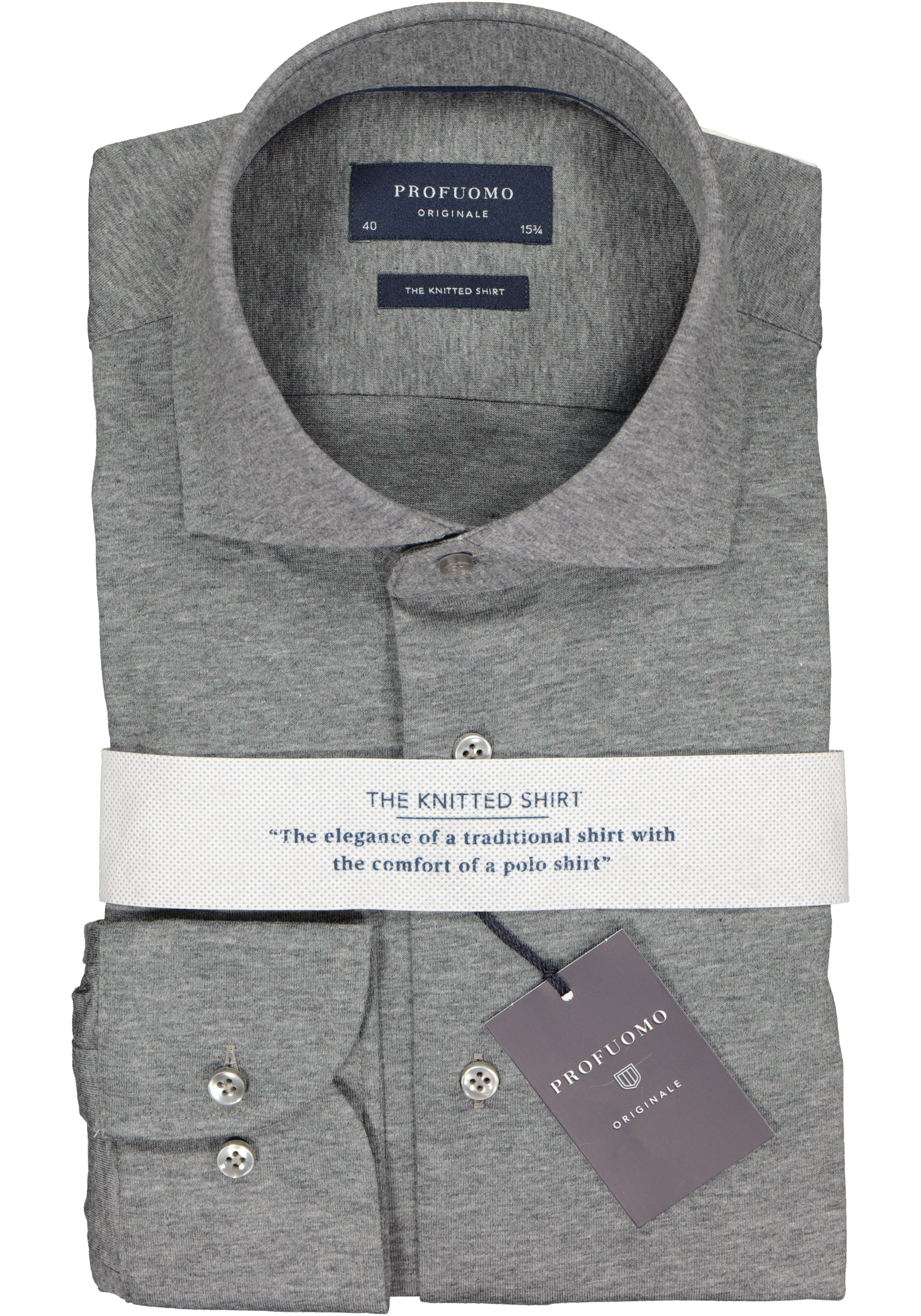Profuomo slim fit jersey overhemd, knitted shirt, antraciet grijs melange