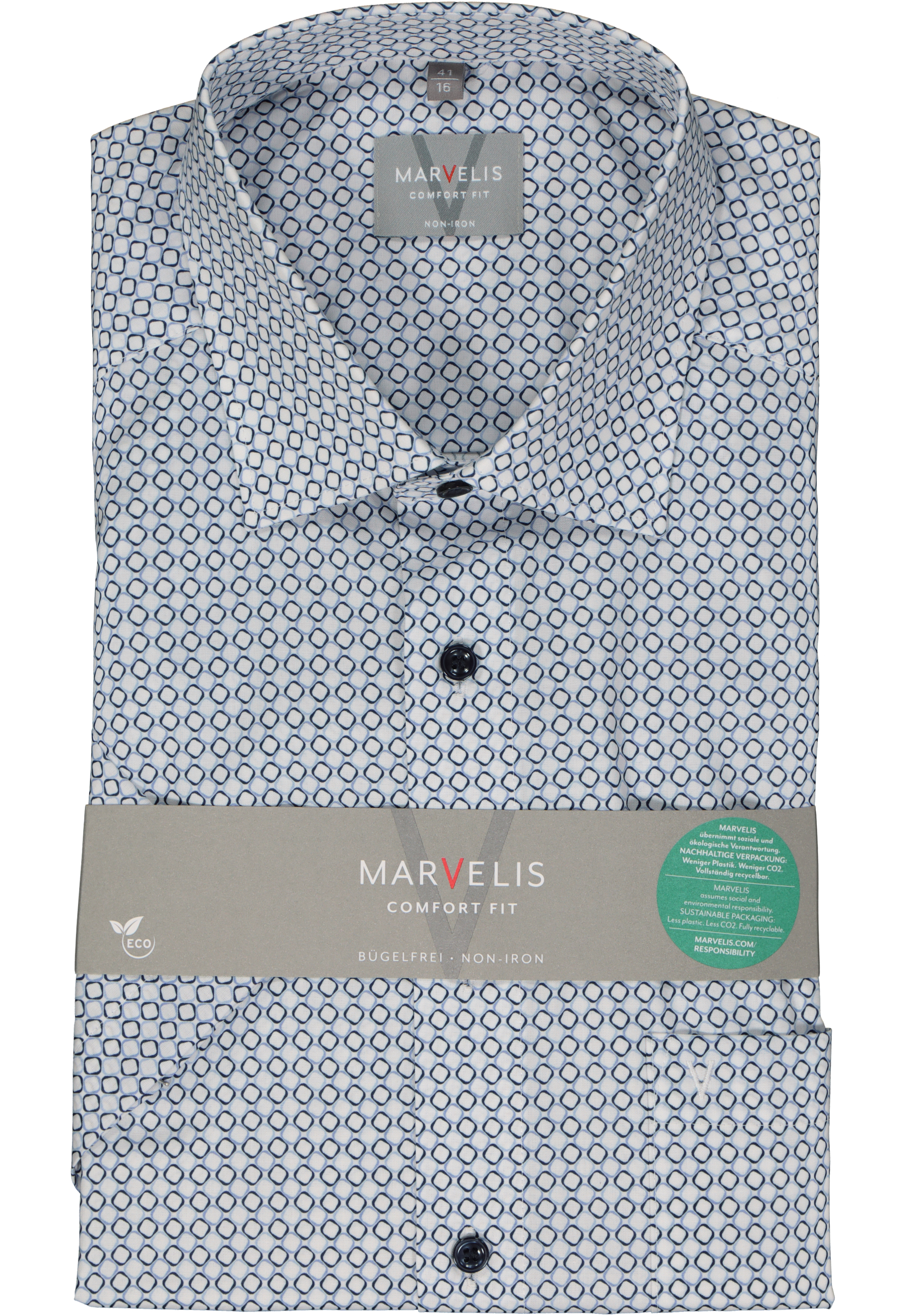 MARVELIS comfort fit overhemd, korte mouw, popeline, wit met licht- en donkerblauw dessin
