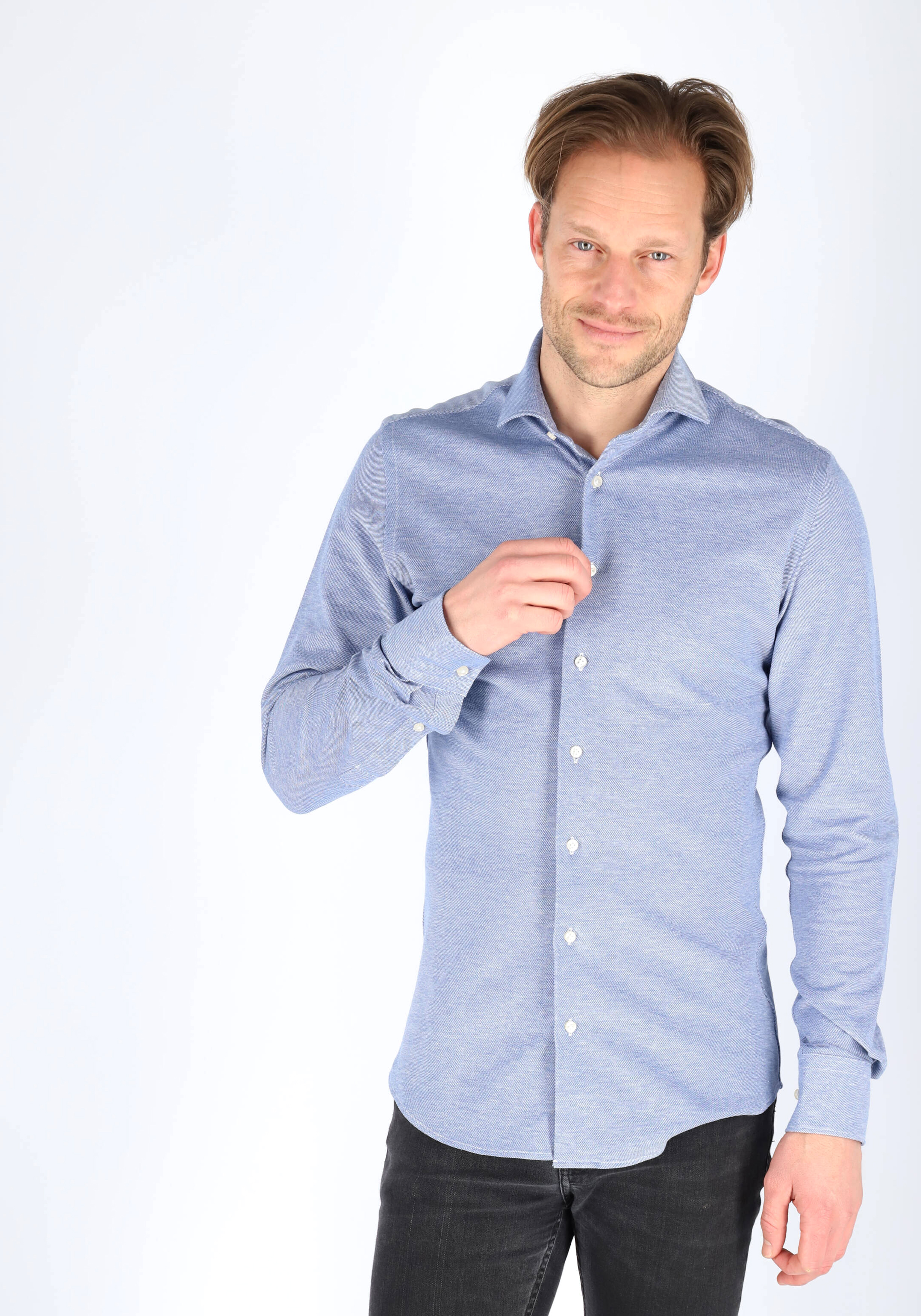 Profuomo slim fit jersey overhemd, knitted shirt pique, blauw melange