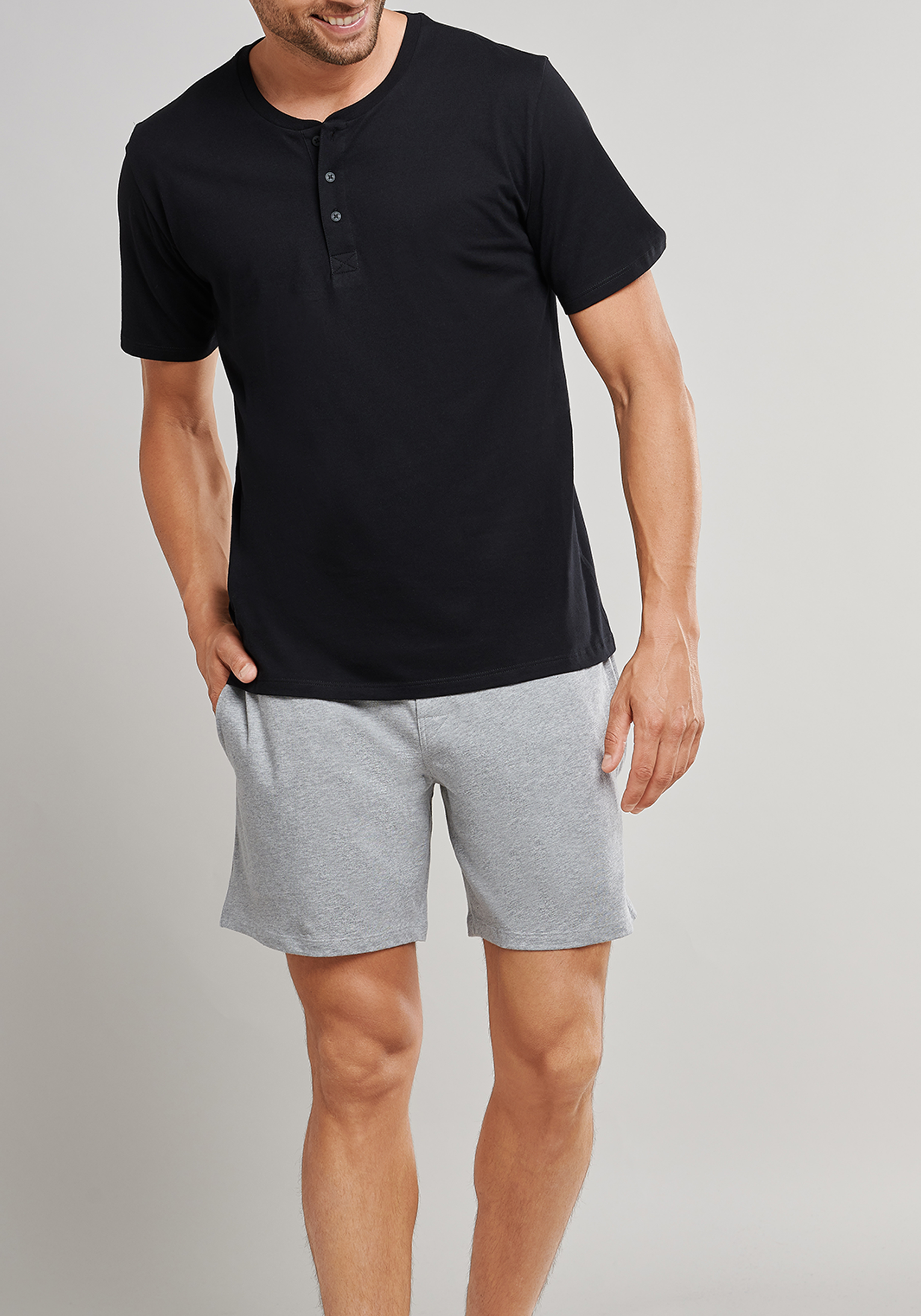SCHIESSER Mix+Relax T-shirt, korte mouw O-hals met knoopjes, zwart