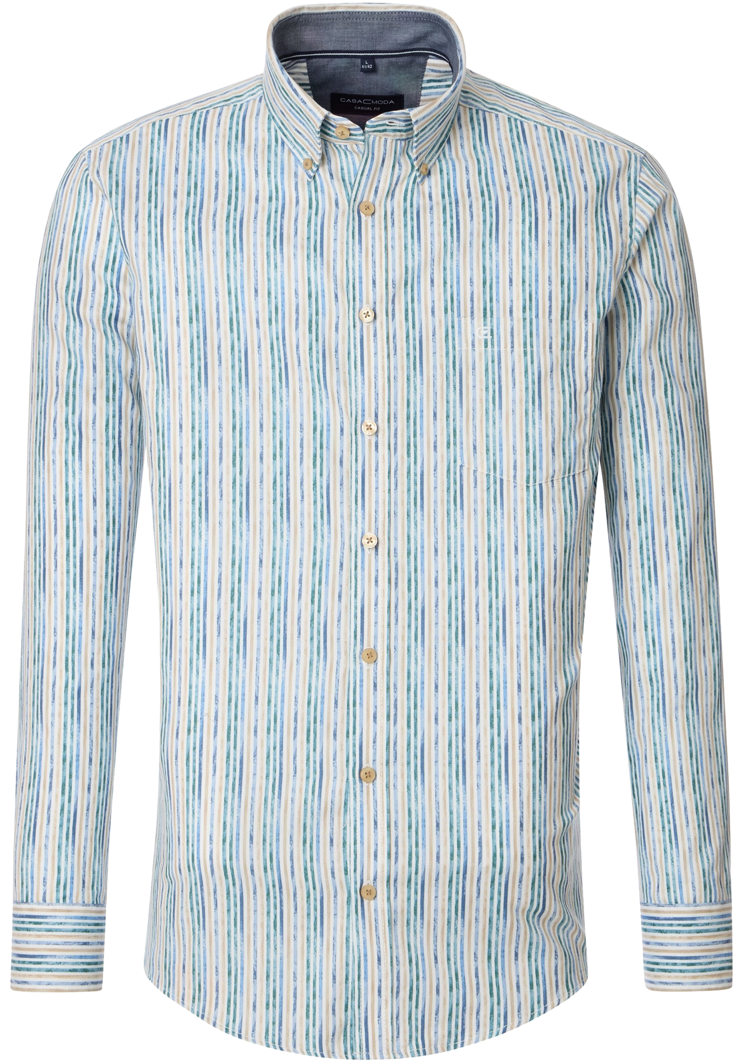CASA MODA Sport casual fit overhemd, popeline, wit met blauw, geel en groen gestreept