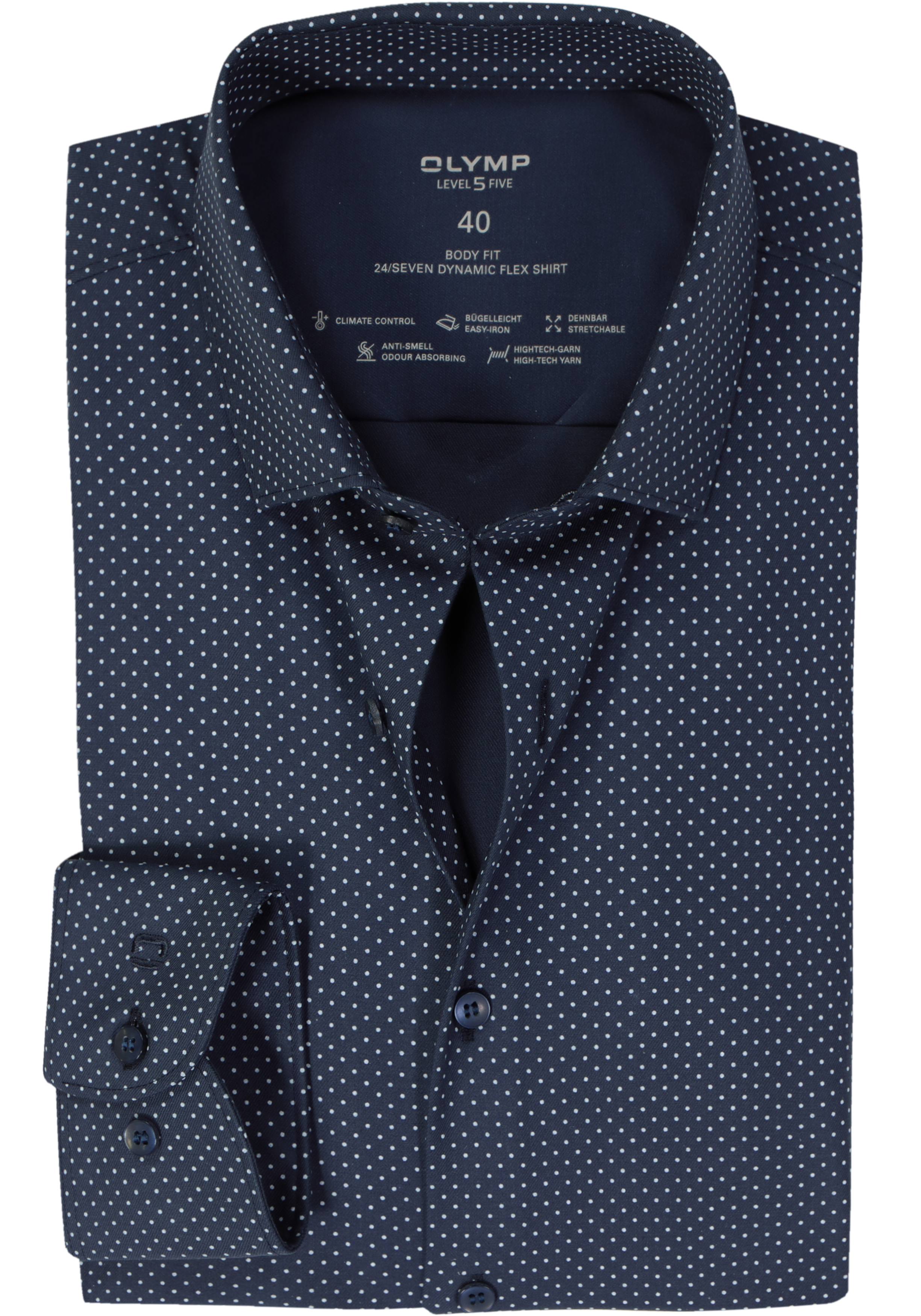 OLYMP Level 5 body fit overhemd 24/7, marine blauw met wit gestipt tricot