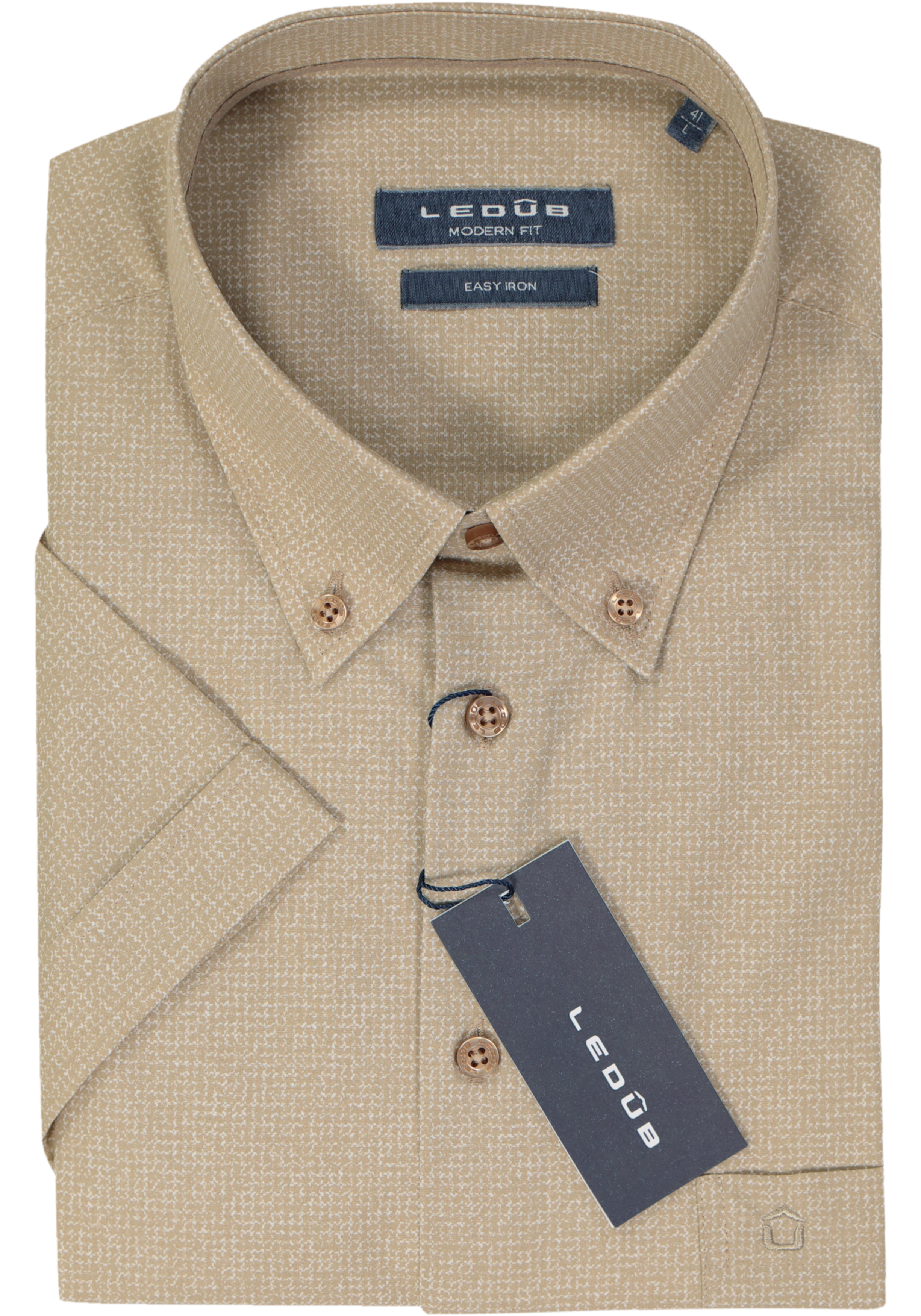 Ledub modern fit overhemd, korte mouw, beige mini dessin