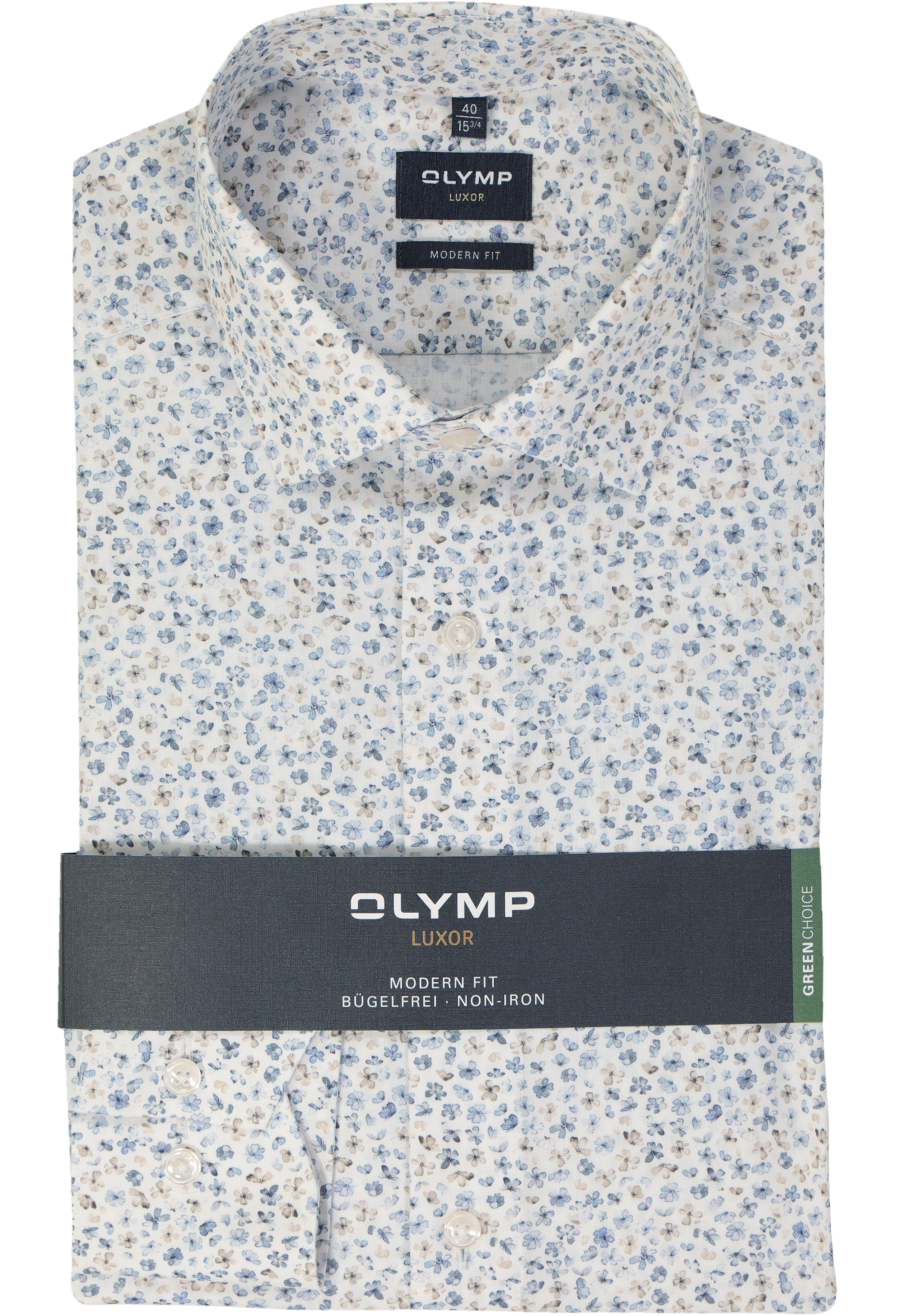 OLYMP modern fit overhemd, popeline, wit met lichtblauw bloemetjes dessin