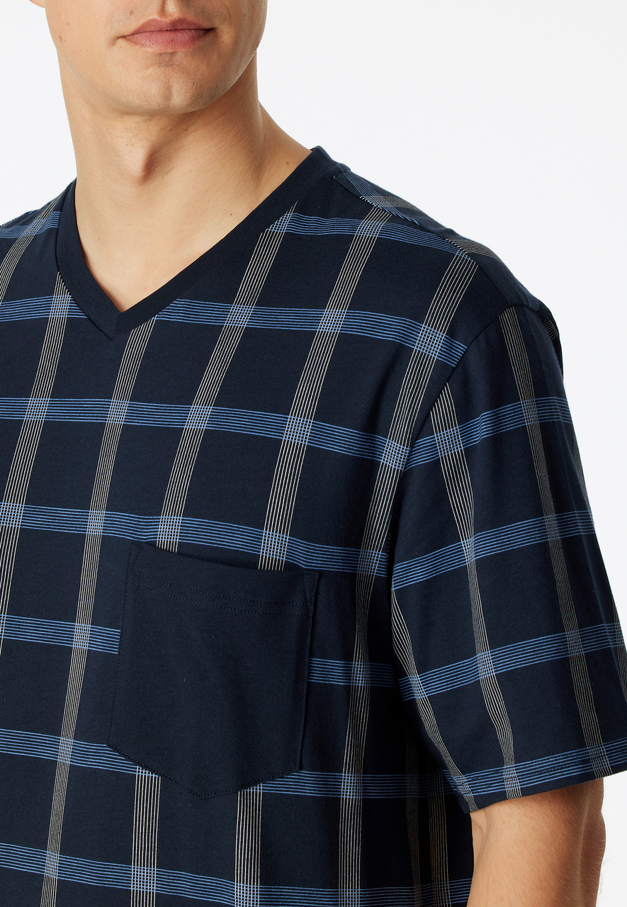 SCHIESSER Comfort Nightwear nachthemd, heren nachthemd korte mouw organic cotton V-hals borstzak nachtblauw geruit