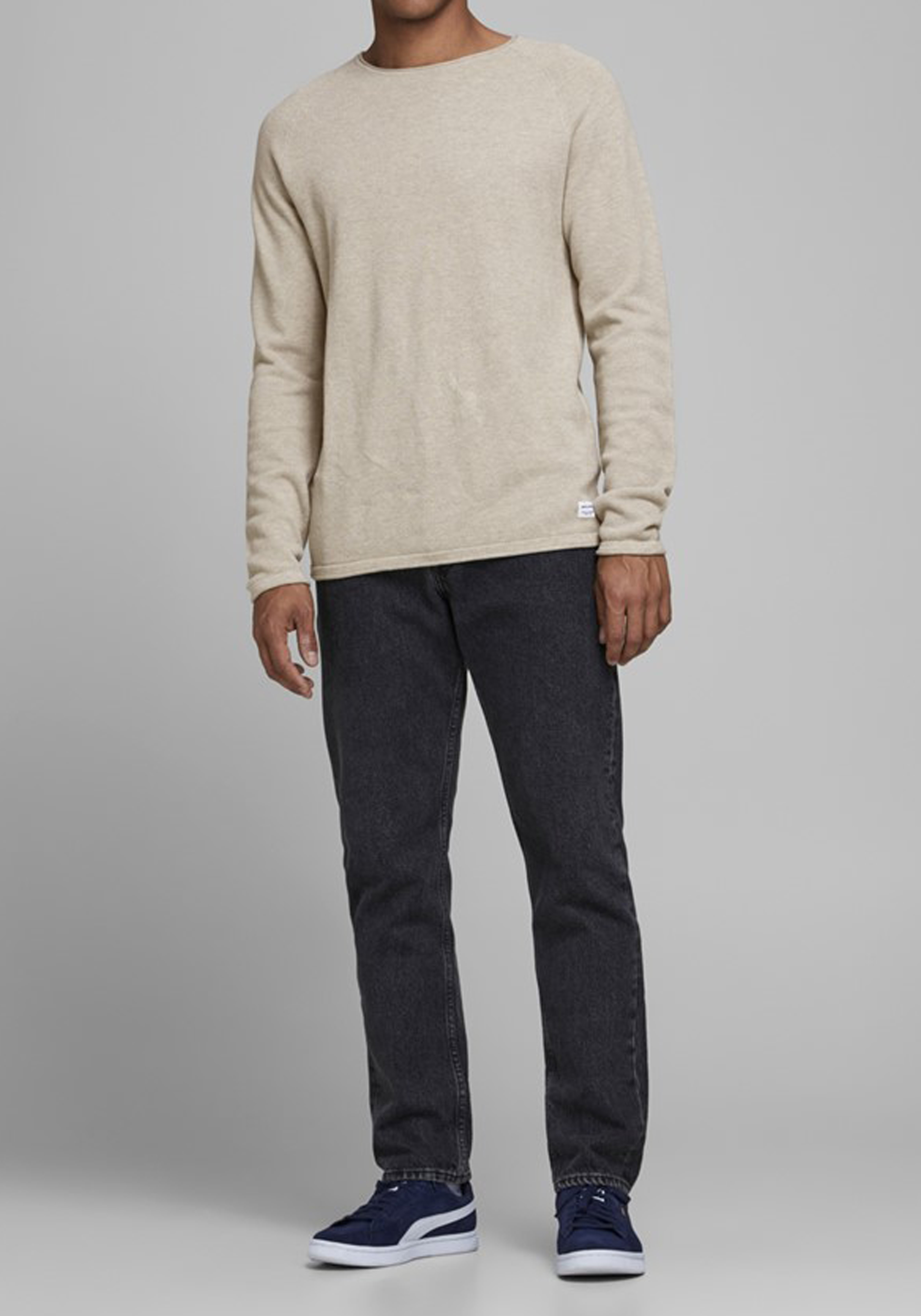 JACK & JONES slim fit trui katoen, O-hals, beige