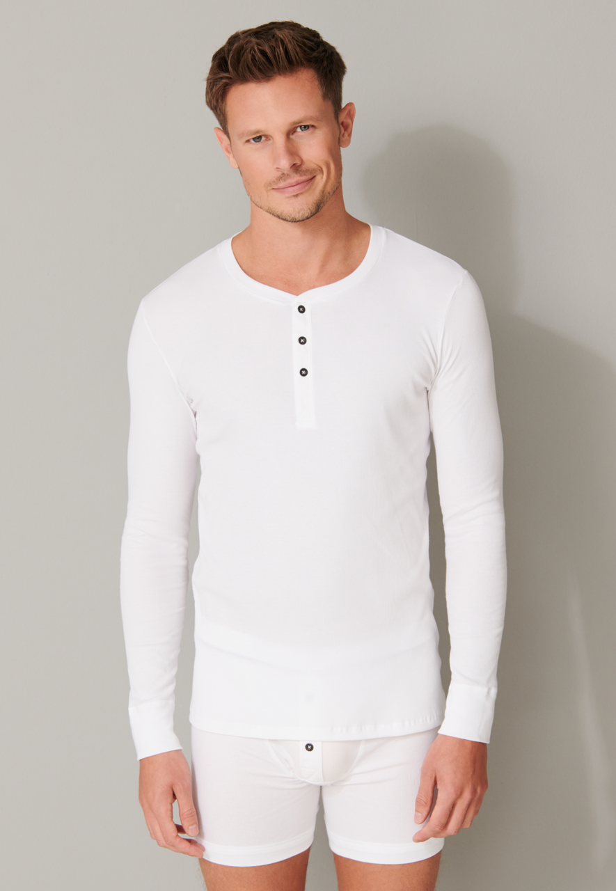 SCHIESSER Retro Rib T-shirt (1-pack), heren shirt lange mouwen dubbelrib biologisch katoen knoopsluiting wit