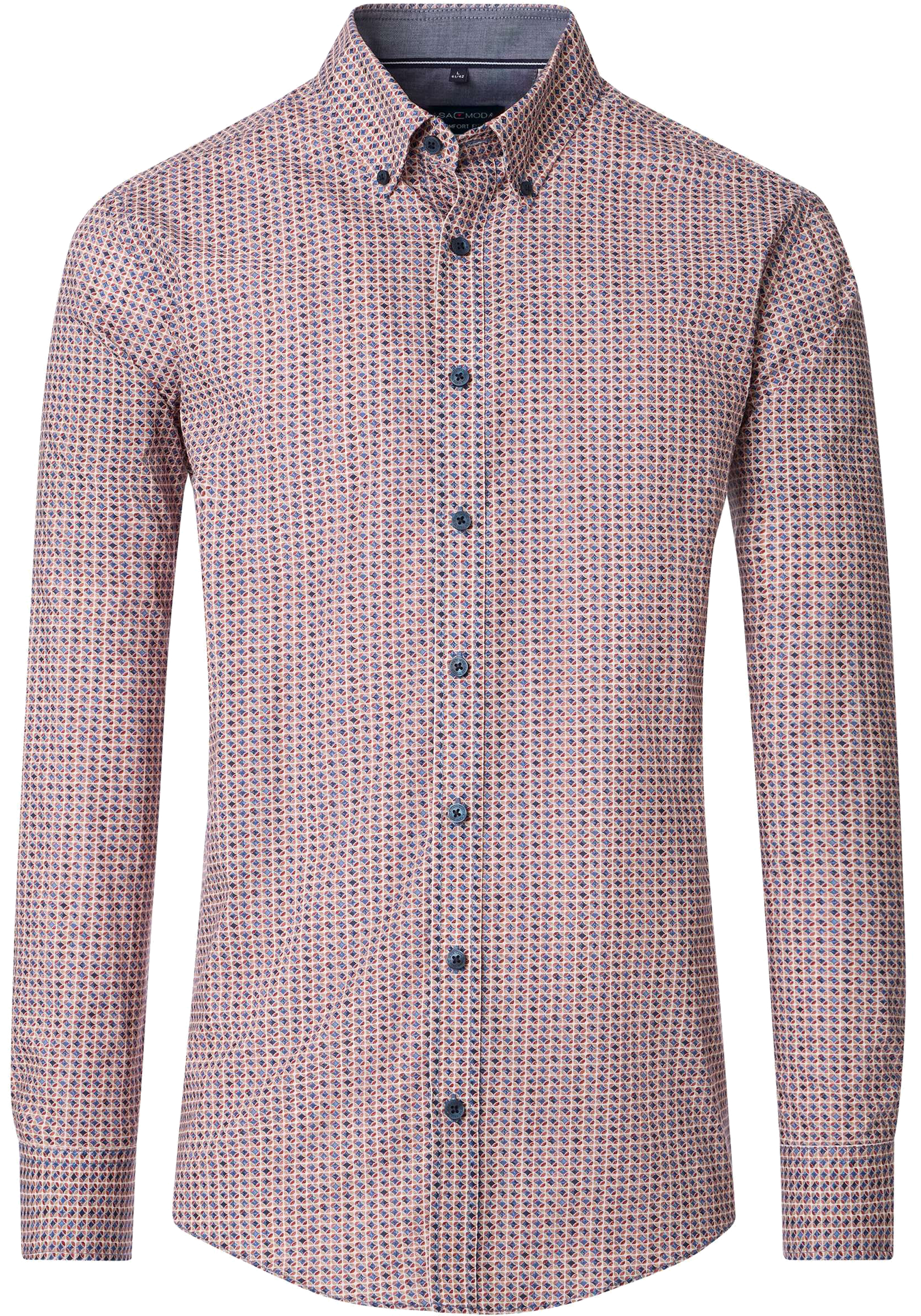 CASA MODA Sport comfort fit overhemd, popeline, blauw met rood, beige en wit dessin