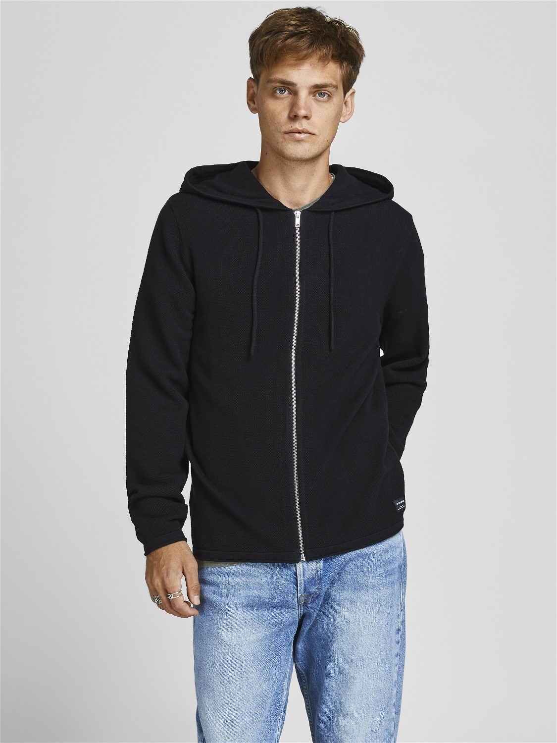 JACK & JONES Hill knit cardigan slim fit, heren vest katoen met capuchon, zwart