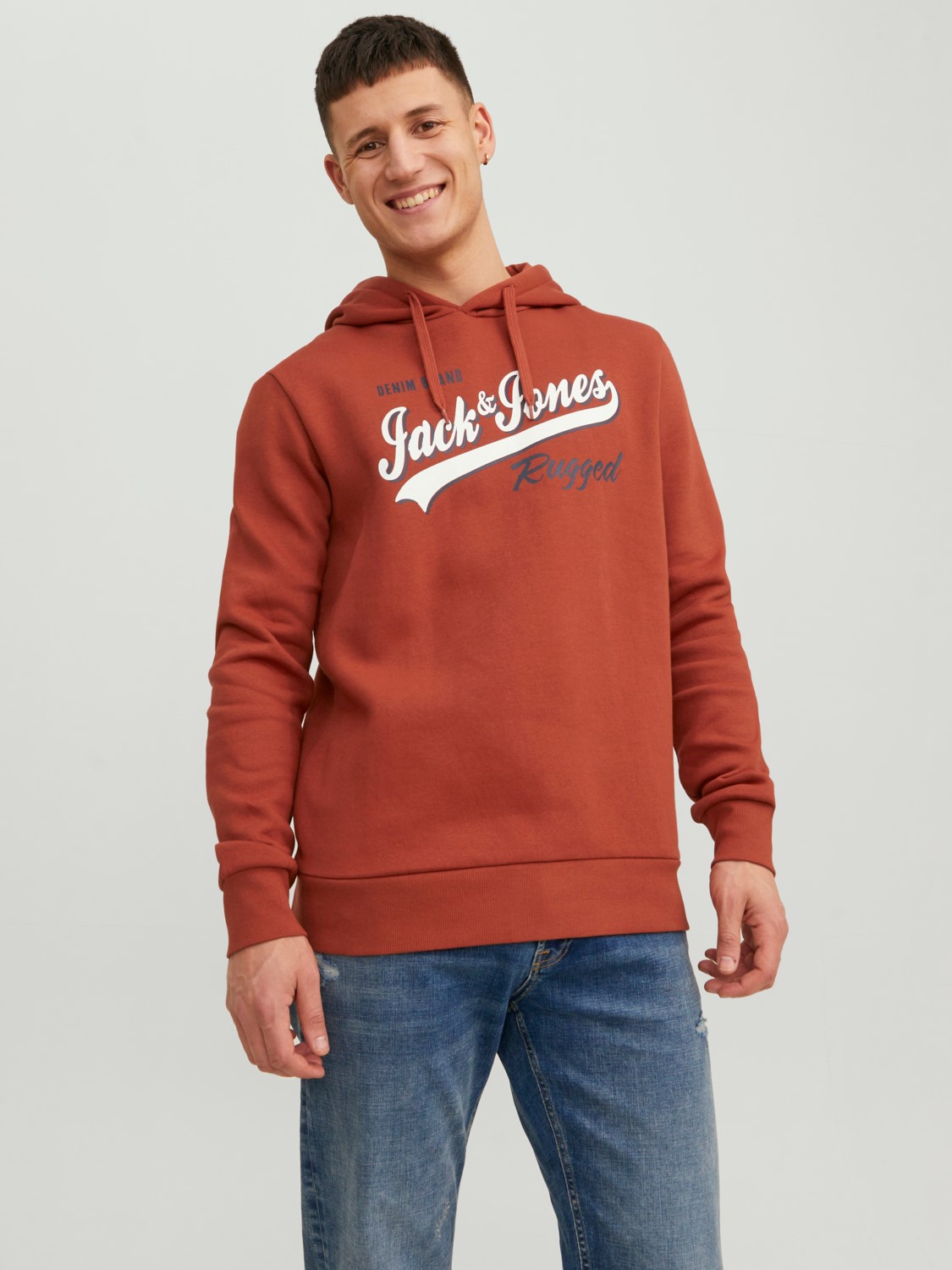 JACK & JONES Logo sweat hood regular fit, heren hoodie katoenmengsel met capuchon, warm oranje