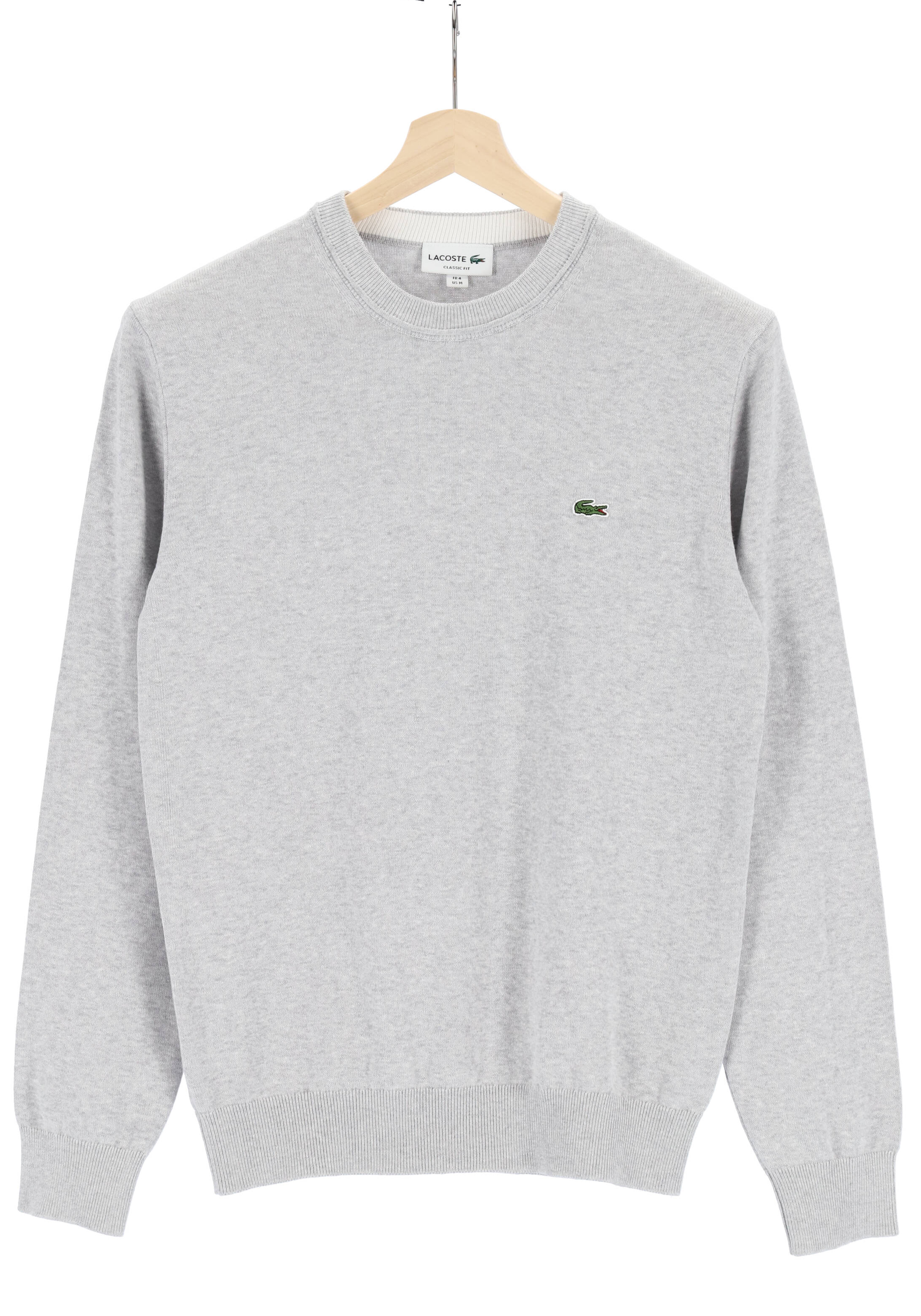 Lacoste trui katoen O-hals, gebreide heren trui, lichtgrijs melange