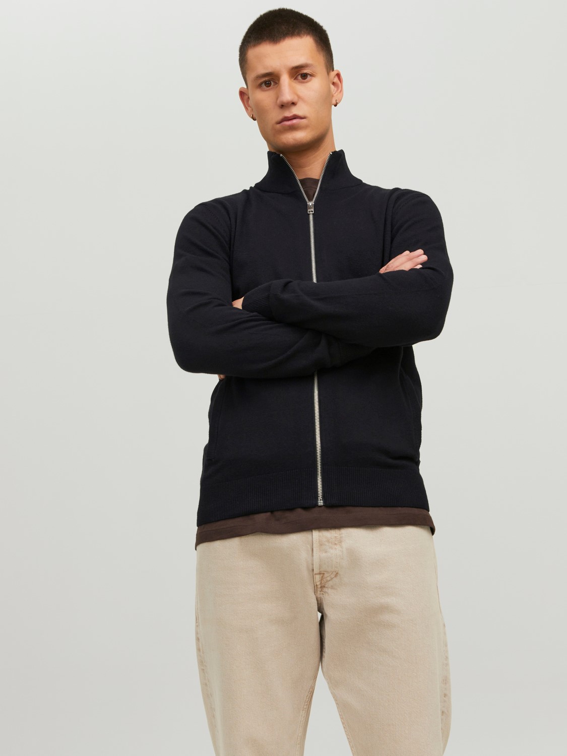 JACK & JONES Emil knit turtle zip cardigan slim fit, heren vest viscosemengsel met turtleneck, zwart