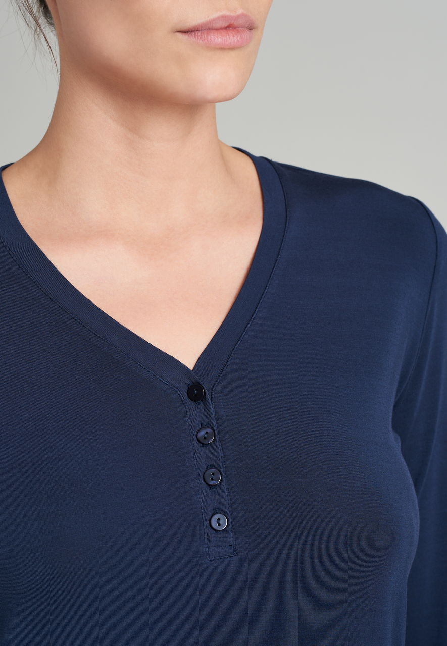 SCHIESSER Mix+Relax T-shirt, dames shirt lange mouwen modal v-hals knoopsluiting blauw
