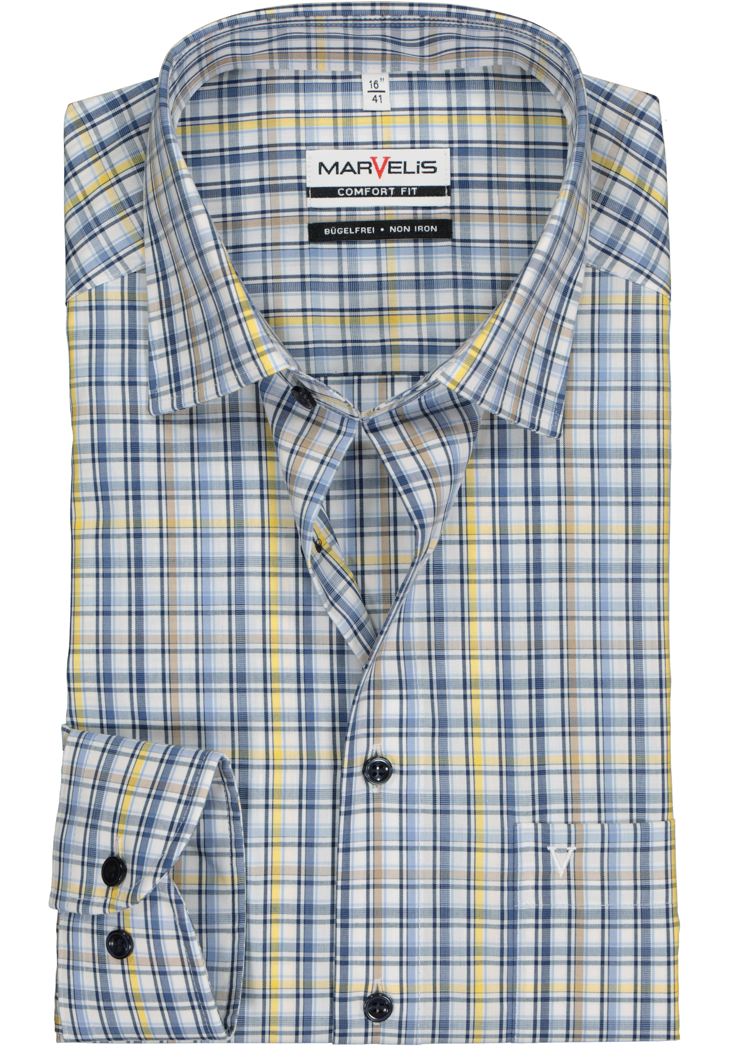 MARVELIS comfort fit overhemd, popeline, wit, blauw, beige en geel geruit