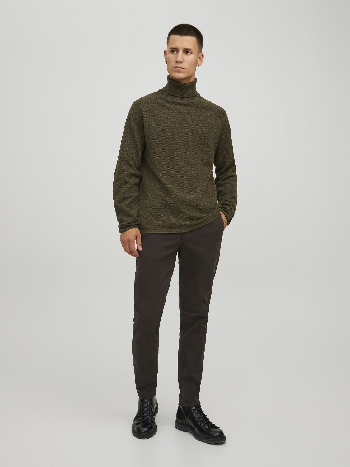 JACK & JONES Hill knit roll neck slim fit, heren pullover katoen met col, groen melange